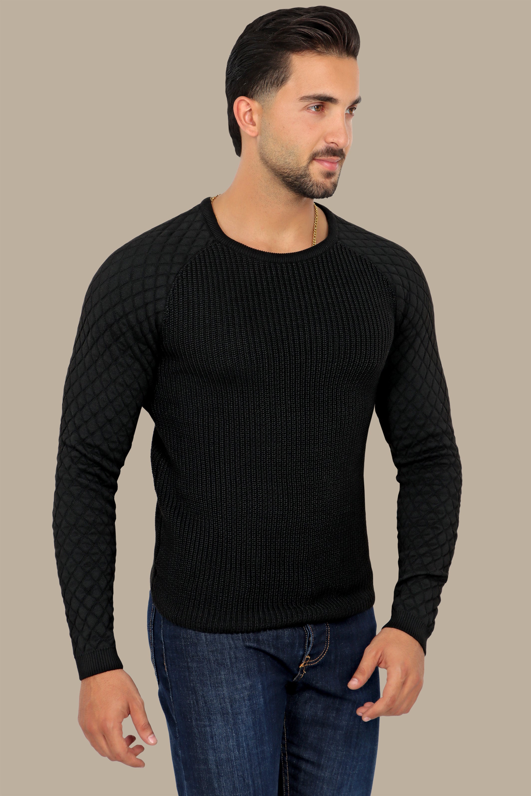 Black Mercerized Sweater with Lozenge Shoulder Pattern