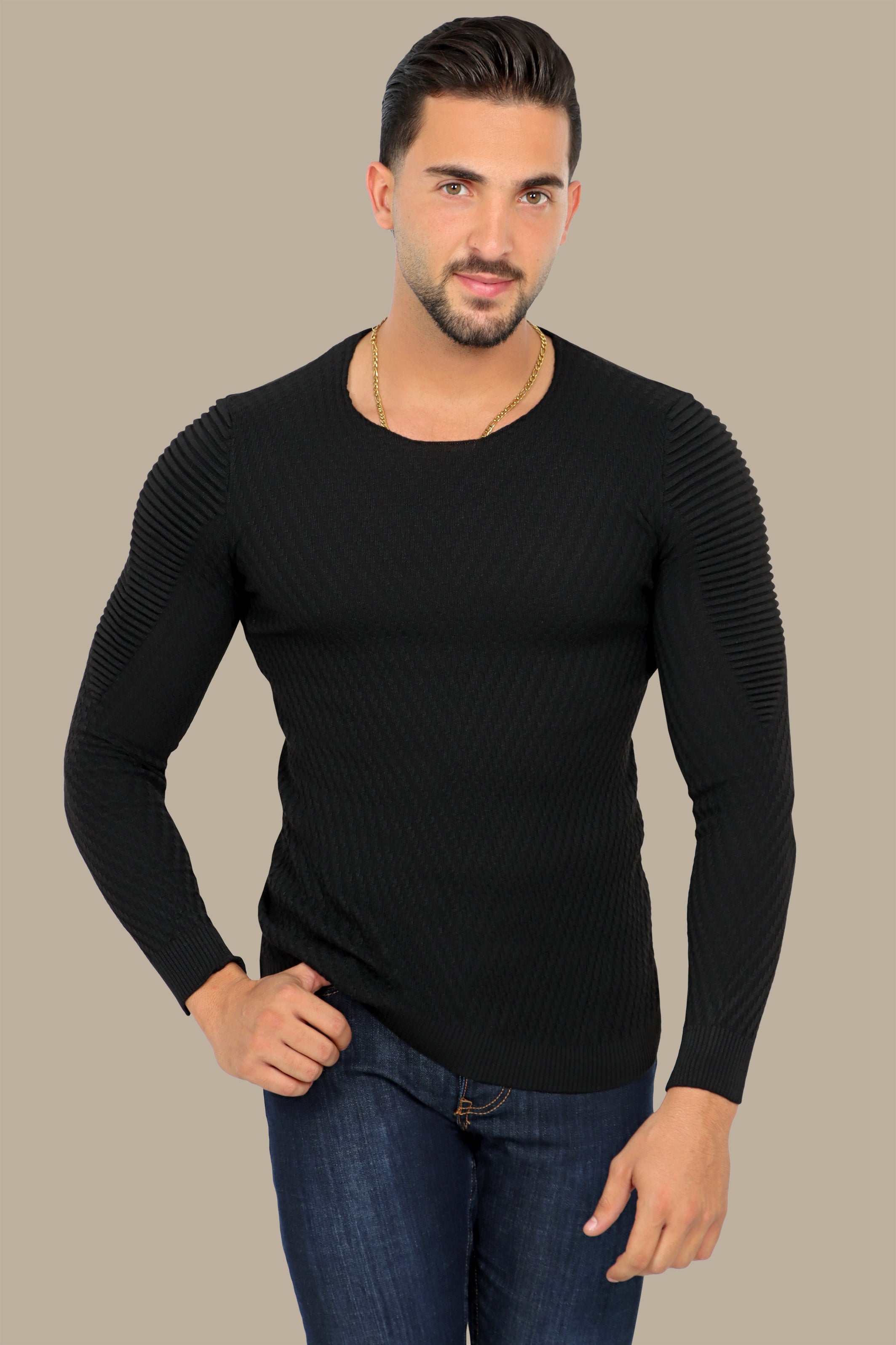 Black Sweater with Structured Ribbed Shoulder