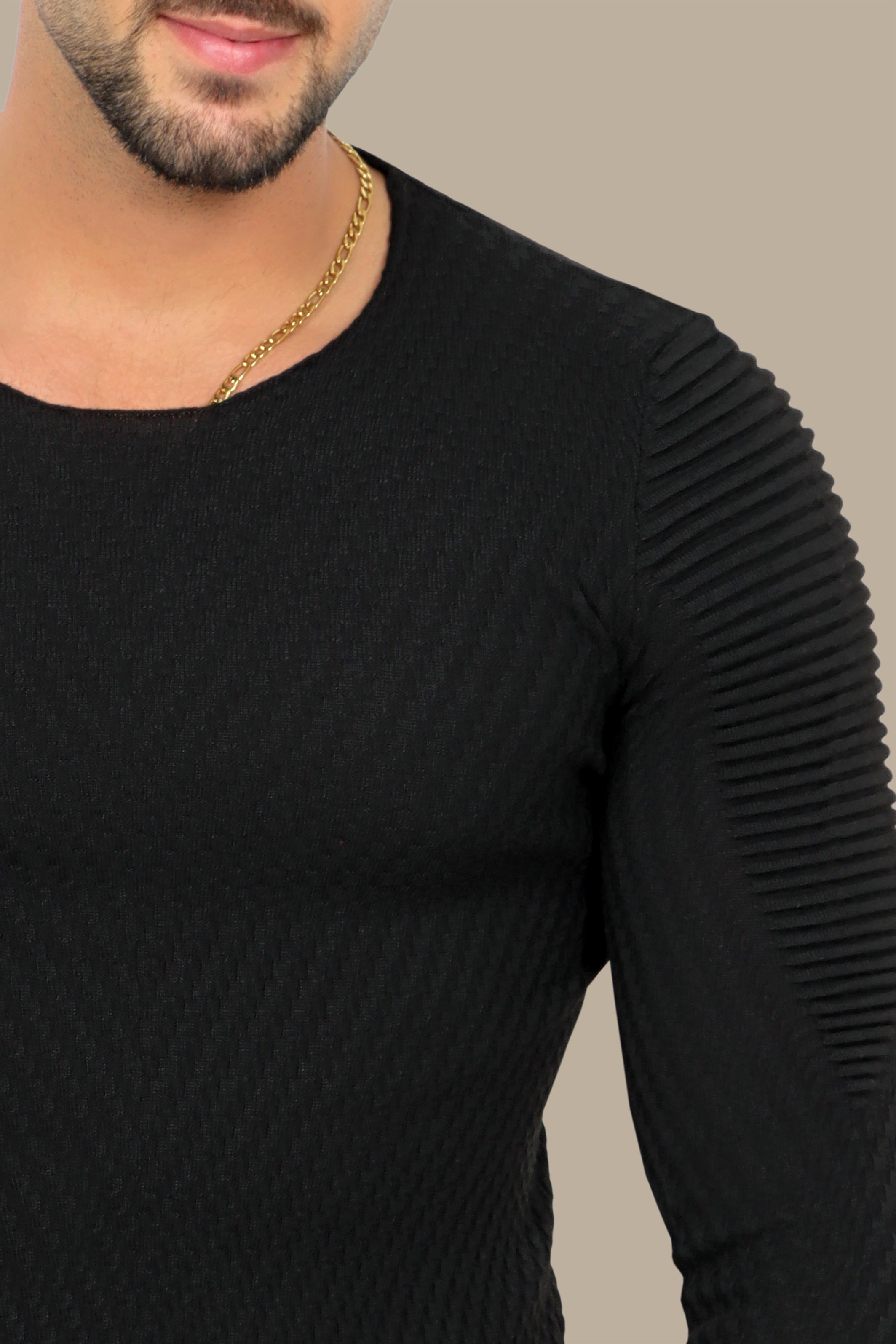 Black Sweater with Structured Ribbed Shoulder