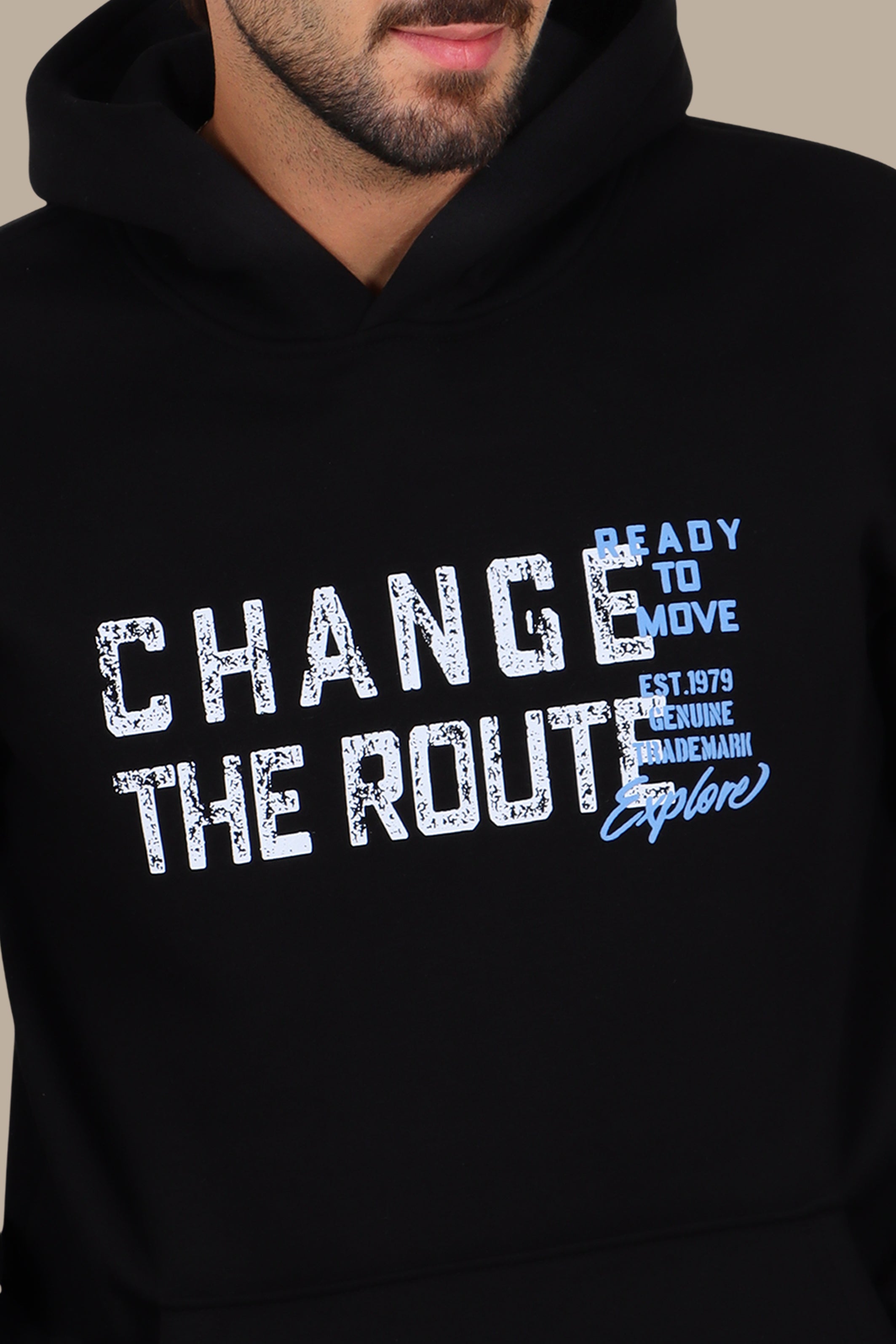 Urban Edge: Printed "Change the Route" Hoodie Black