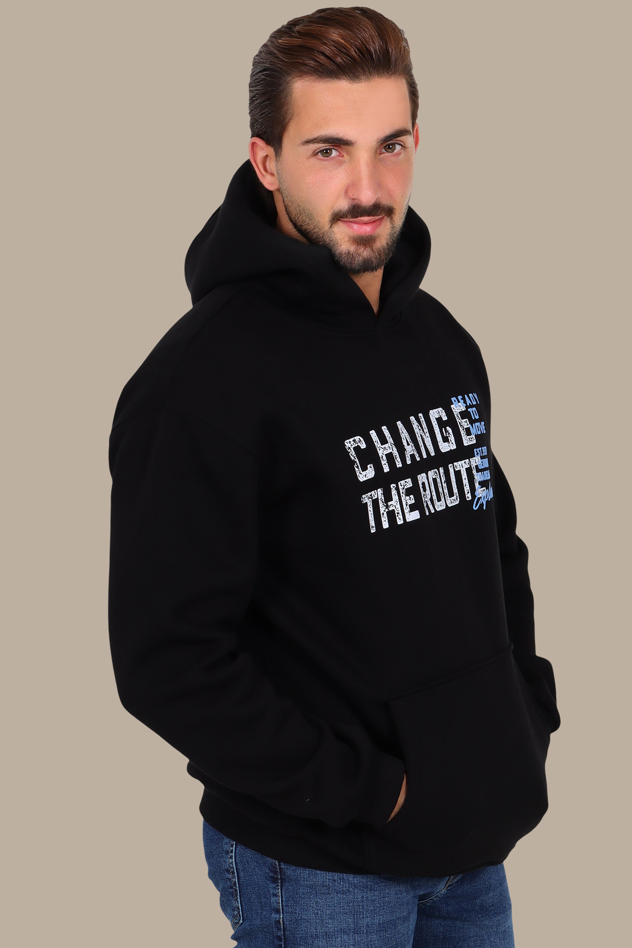 Urban Edge: Printed "Change the Route" Hoodie Black