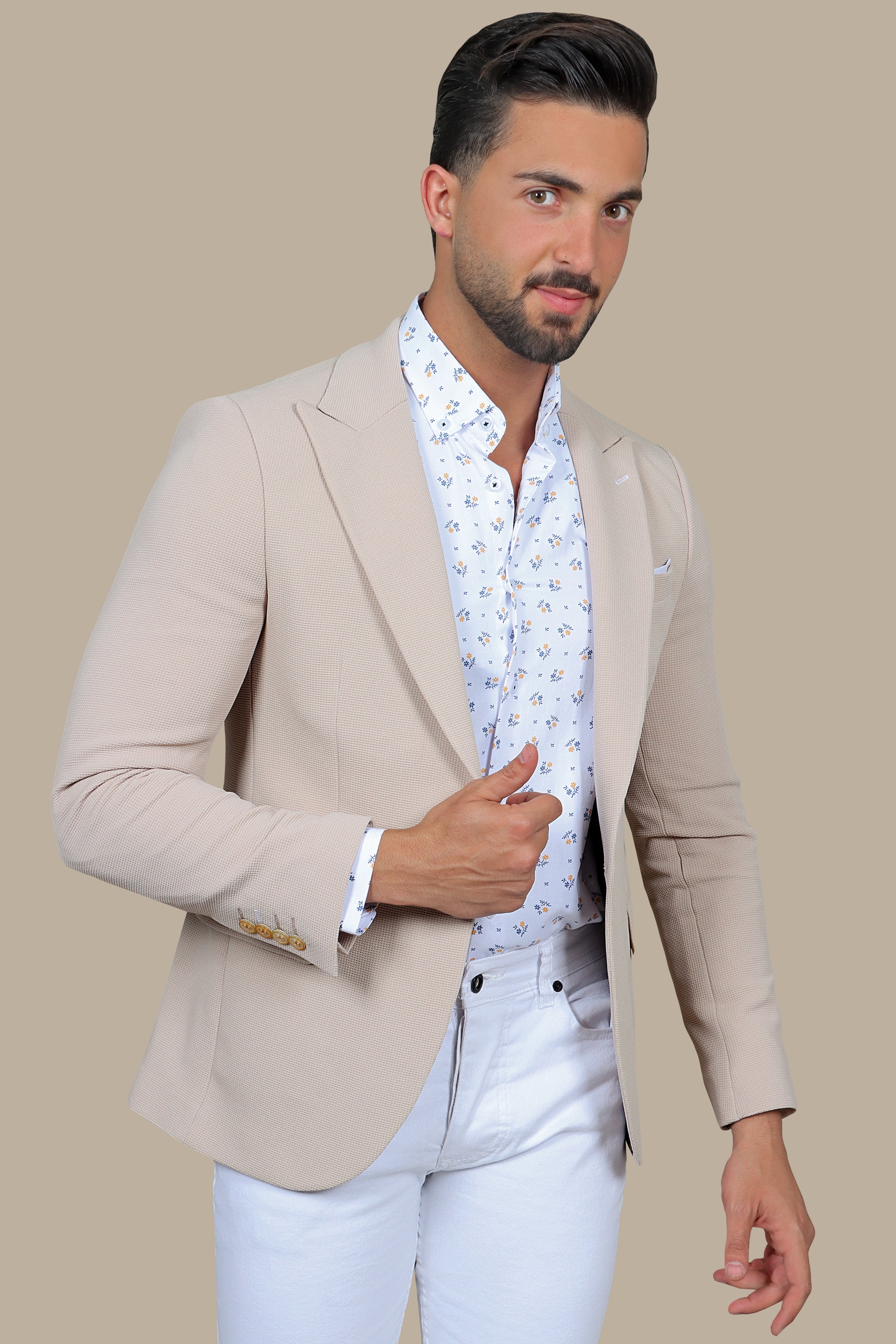 Desert Sands: The Beige Stretch Peak Blazer with Patch Pockets