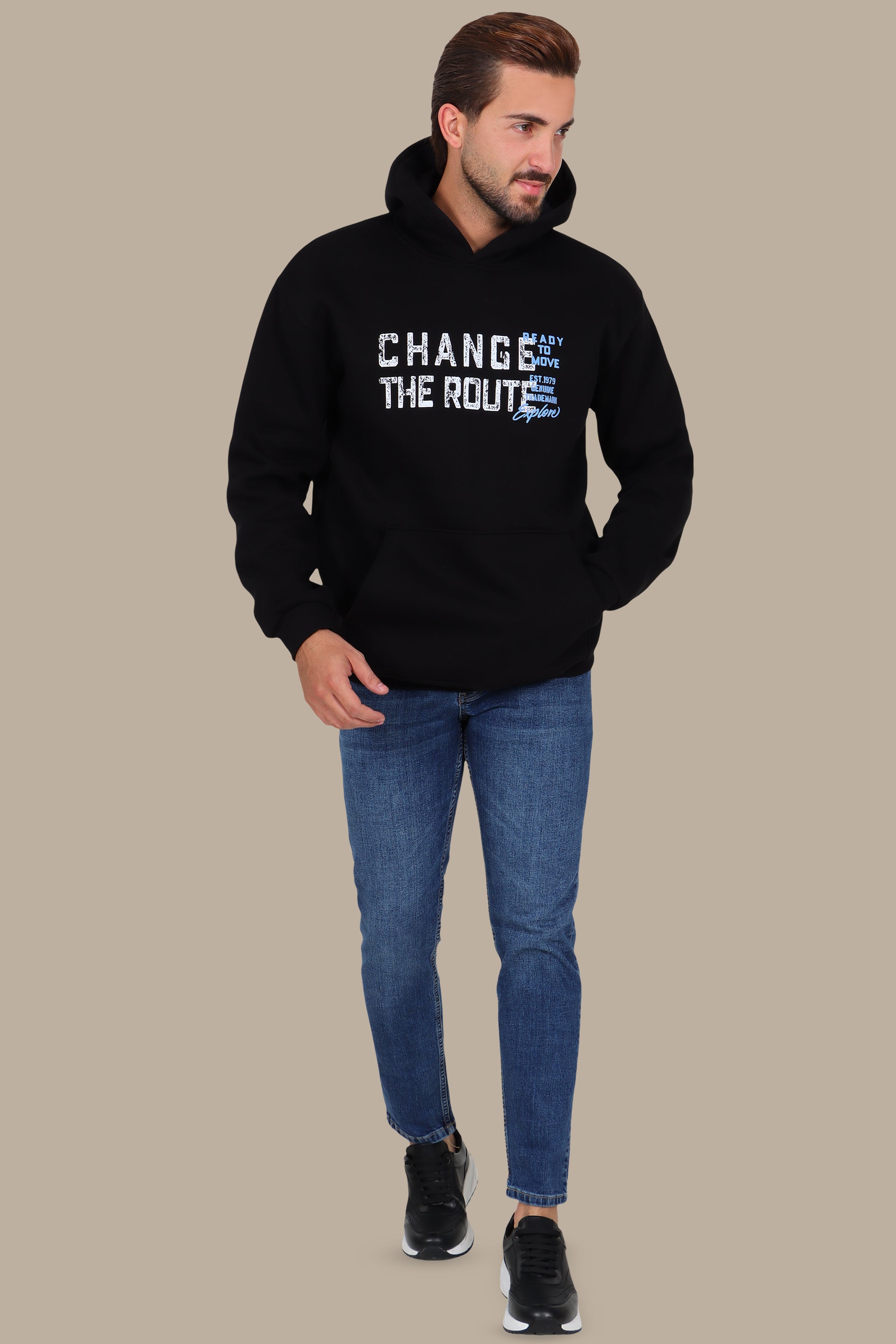 Urban Edge: Printed "Change the Route" Hoodie Black