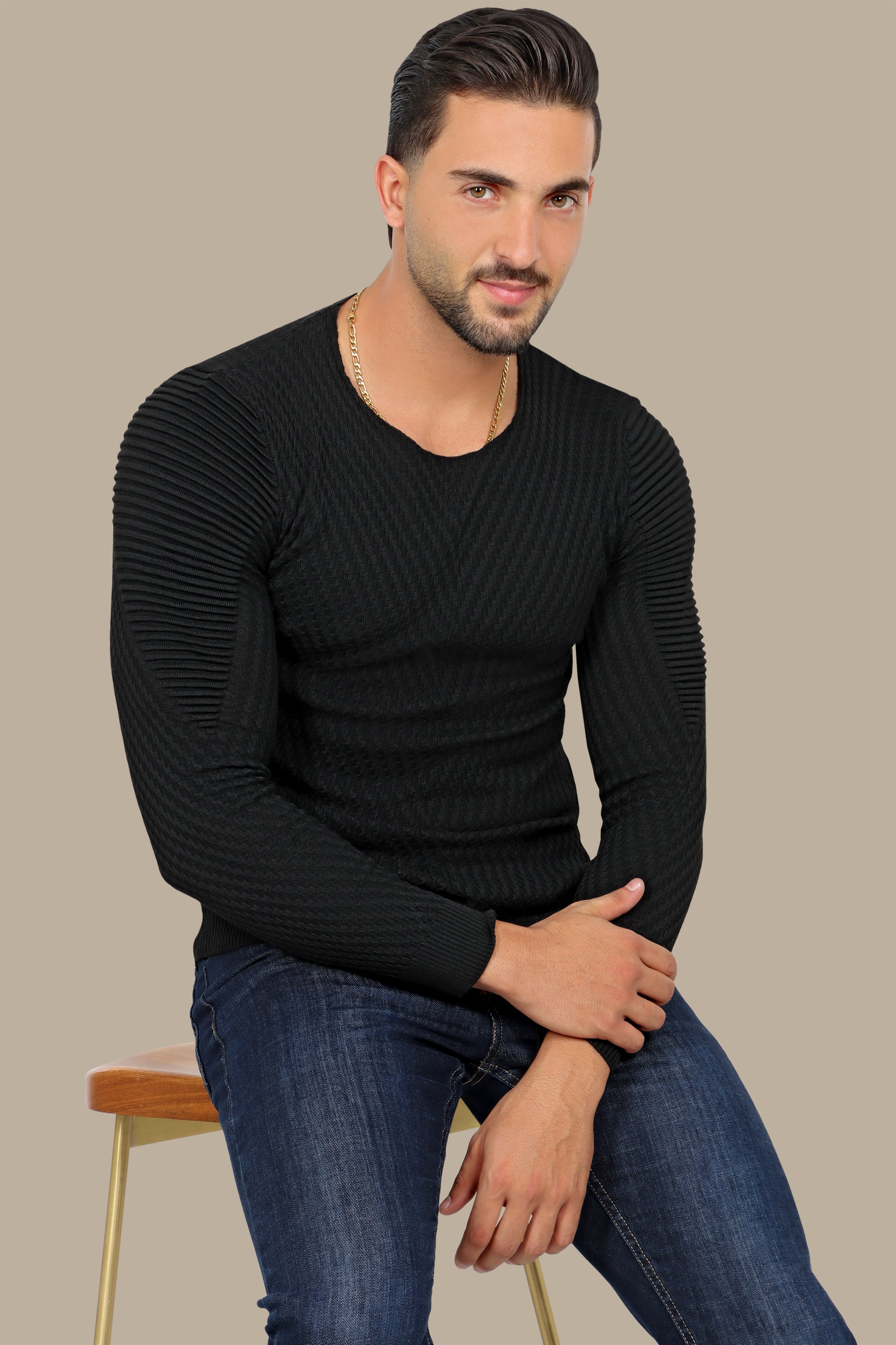 Black Sweater with Structured Ribbed Shoulder