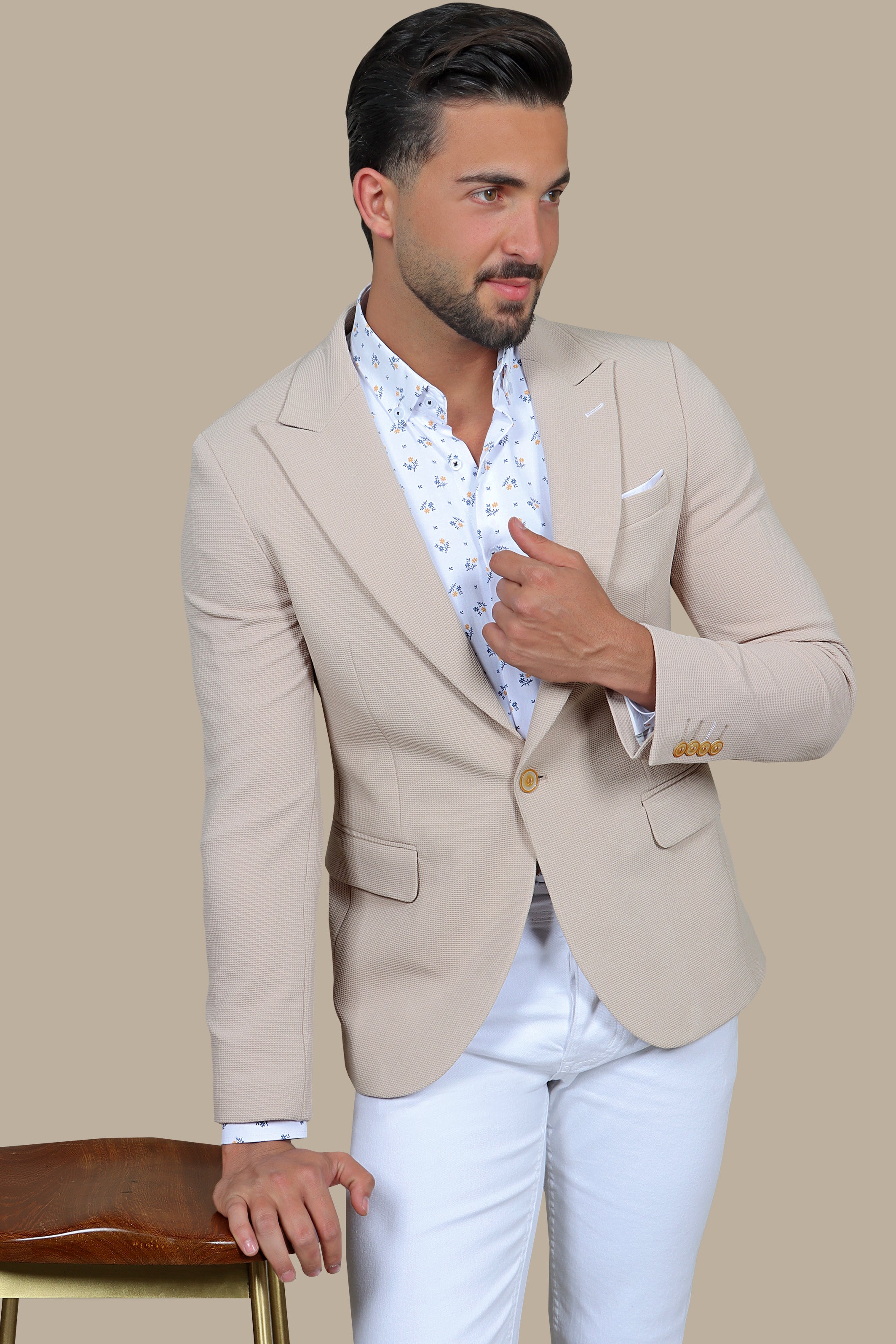 Desert Sands: The Beige Stretch Peak Blazer with Patch Pockets