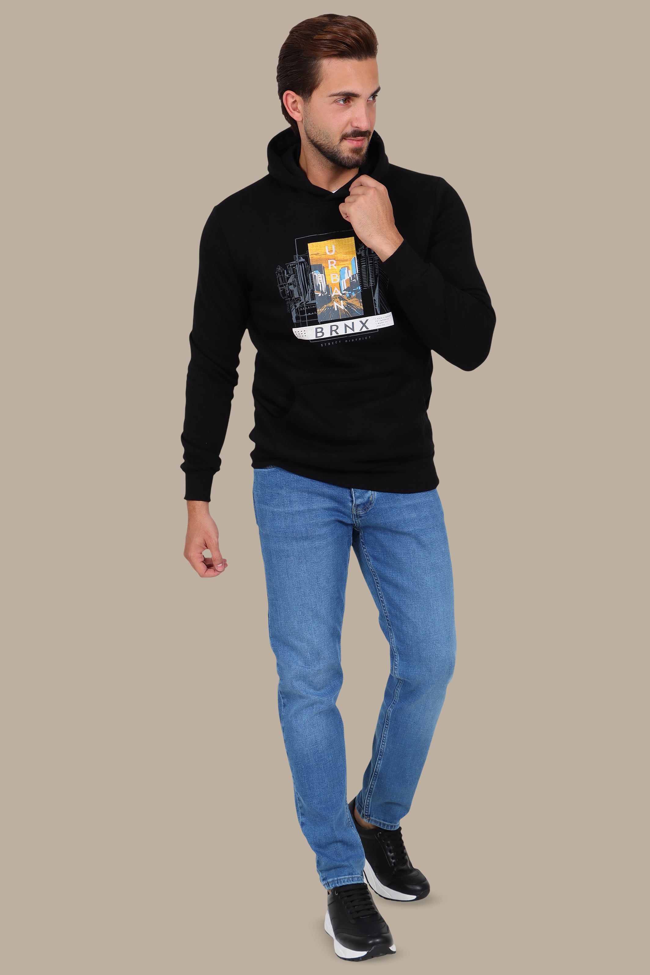 Black Hoodie with Urban Night City Print