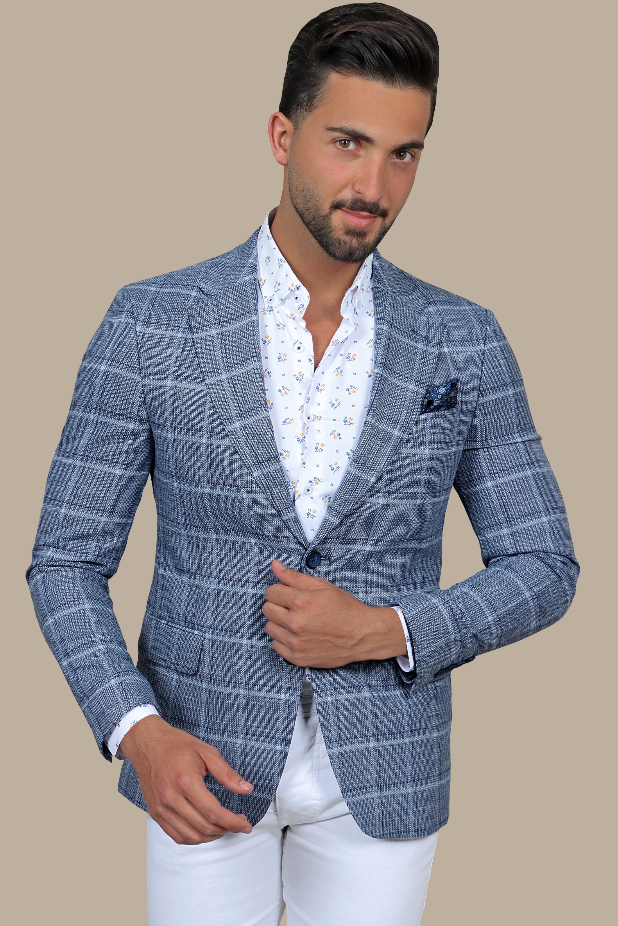 Blue Big Checked Blazer with Notch Lapel