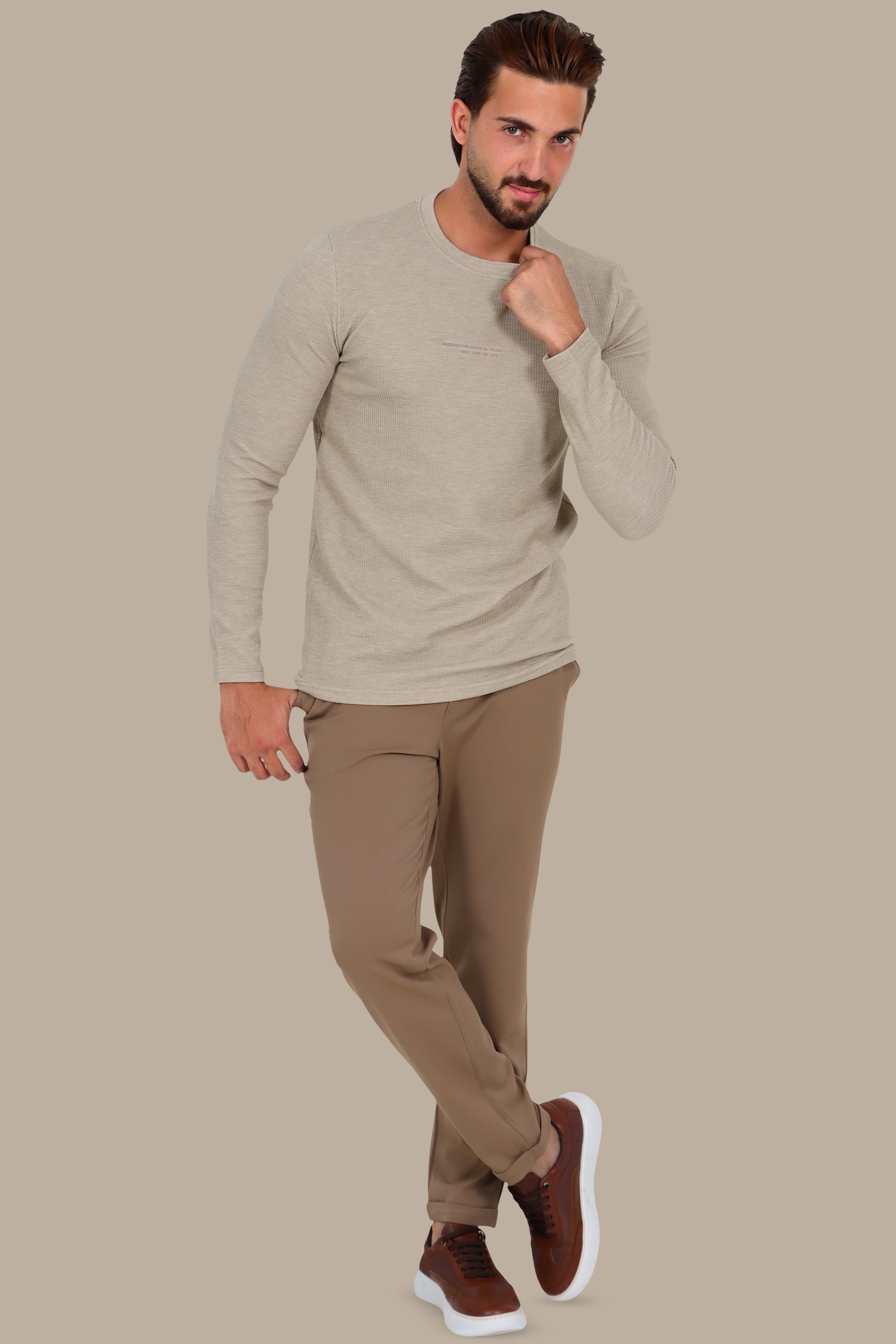 Beige “Who Checks” Ribbed Long Sleeve