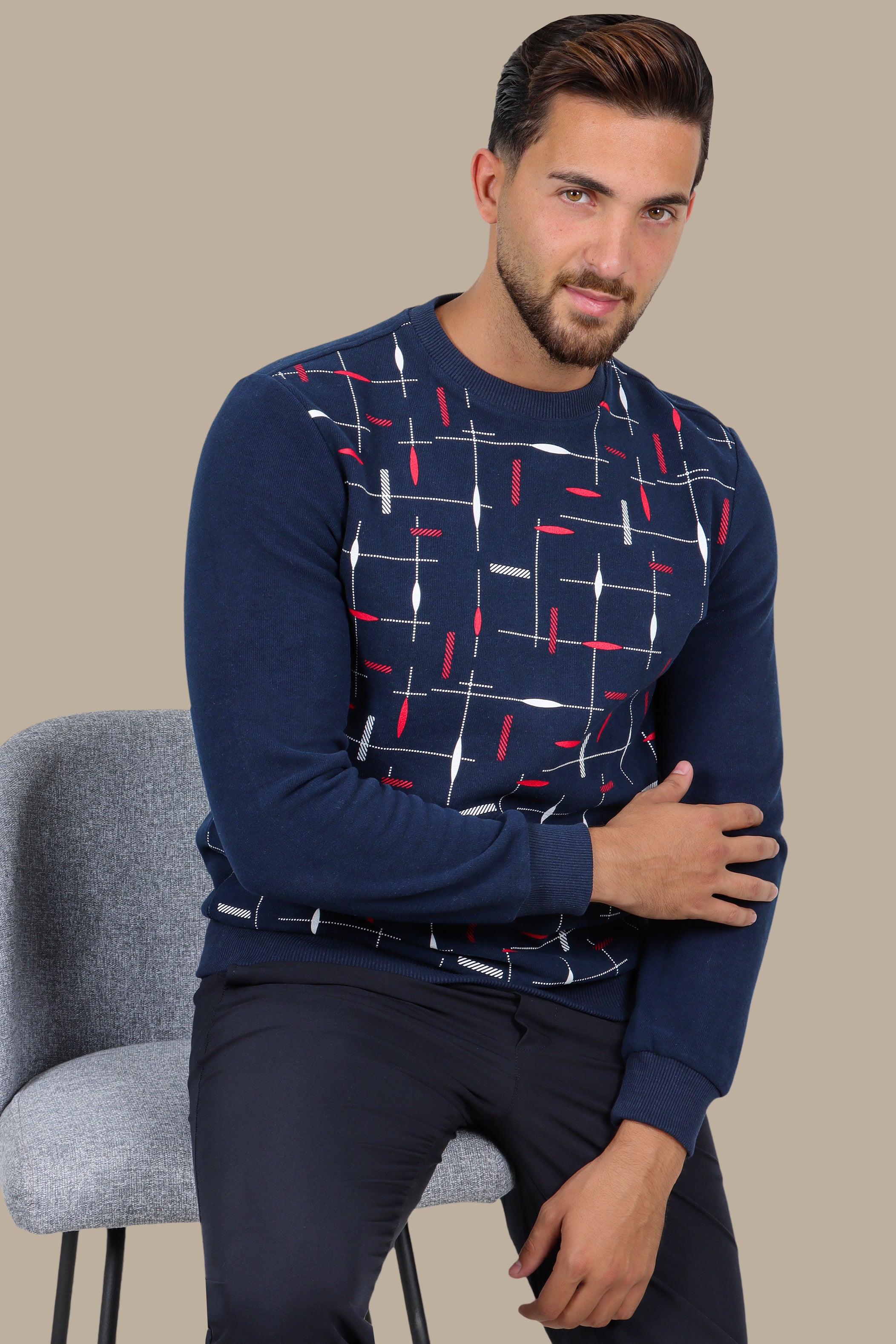 Trendy Appeal: Navy Sweatshirt with Colorful Printed Lines