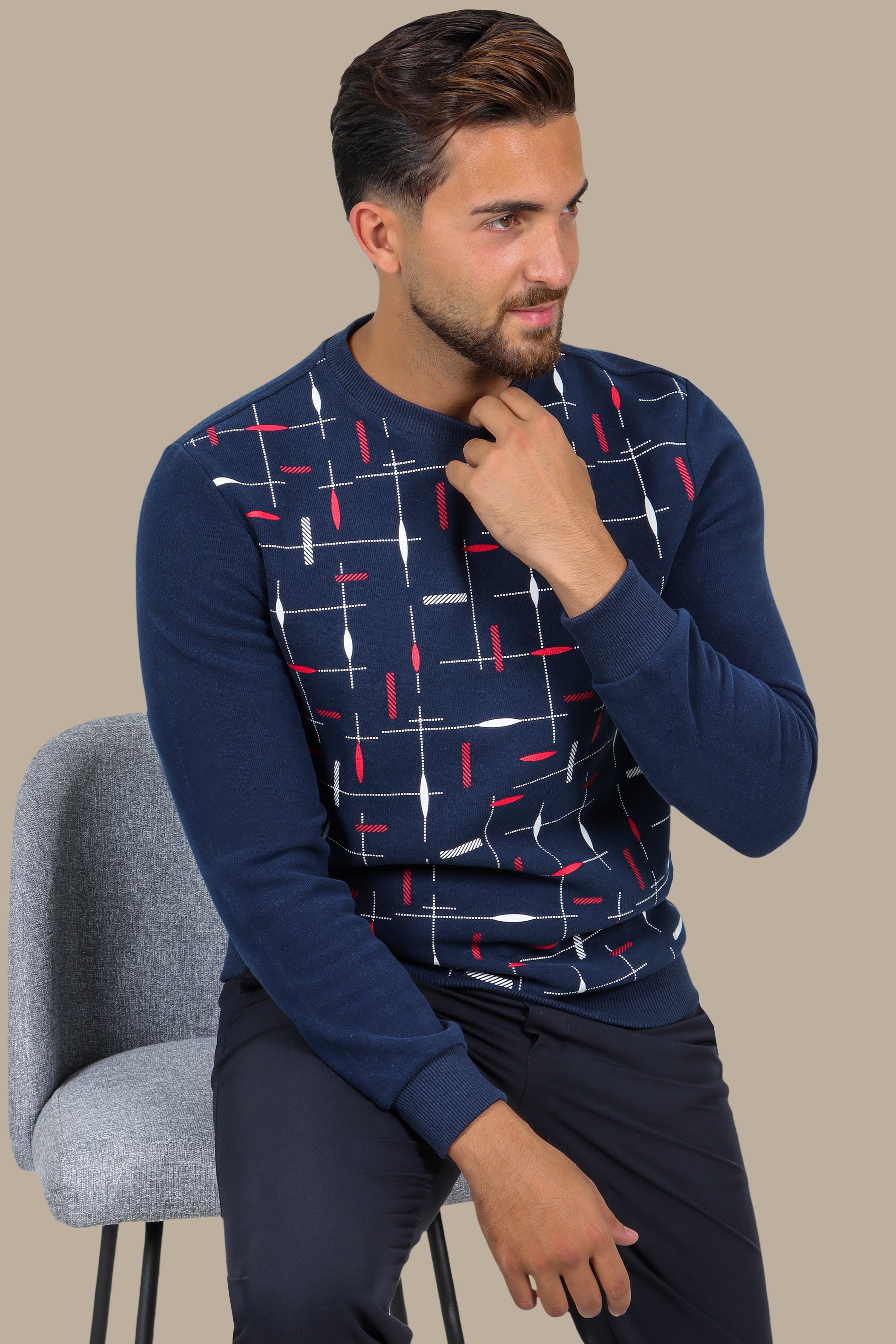 Trendy Appeal: Navy Sweatshirt with Colorful Printed Lines