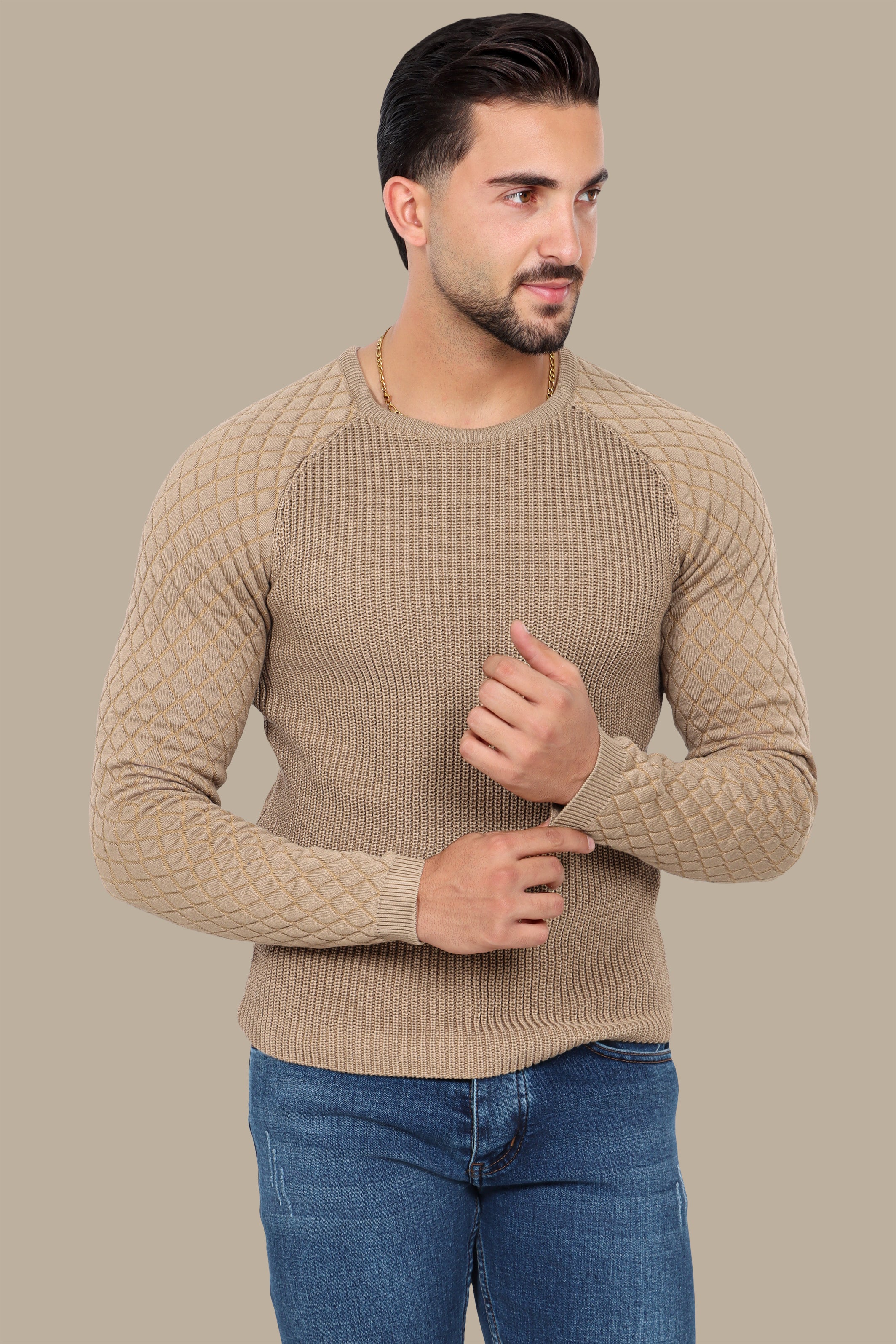 Beige Mercerized Sweater with Lozenge Shoulder Pattern