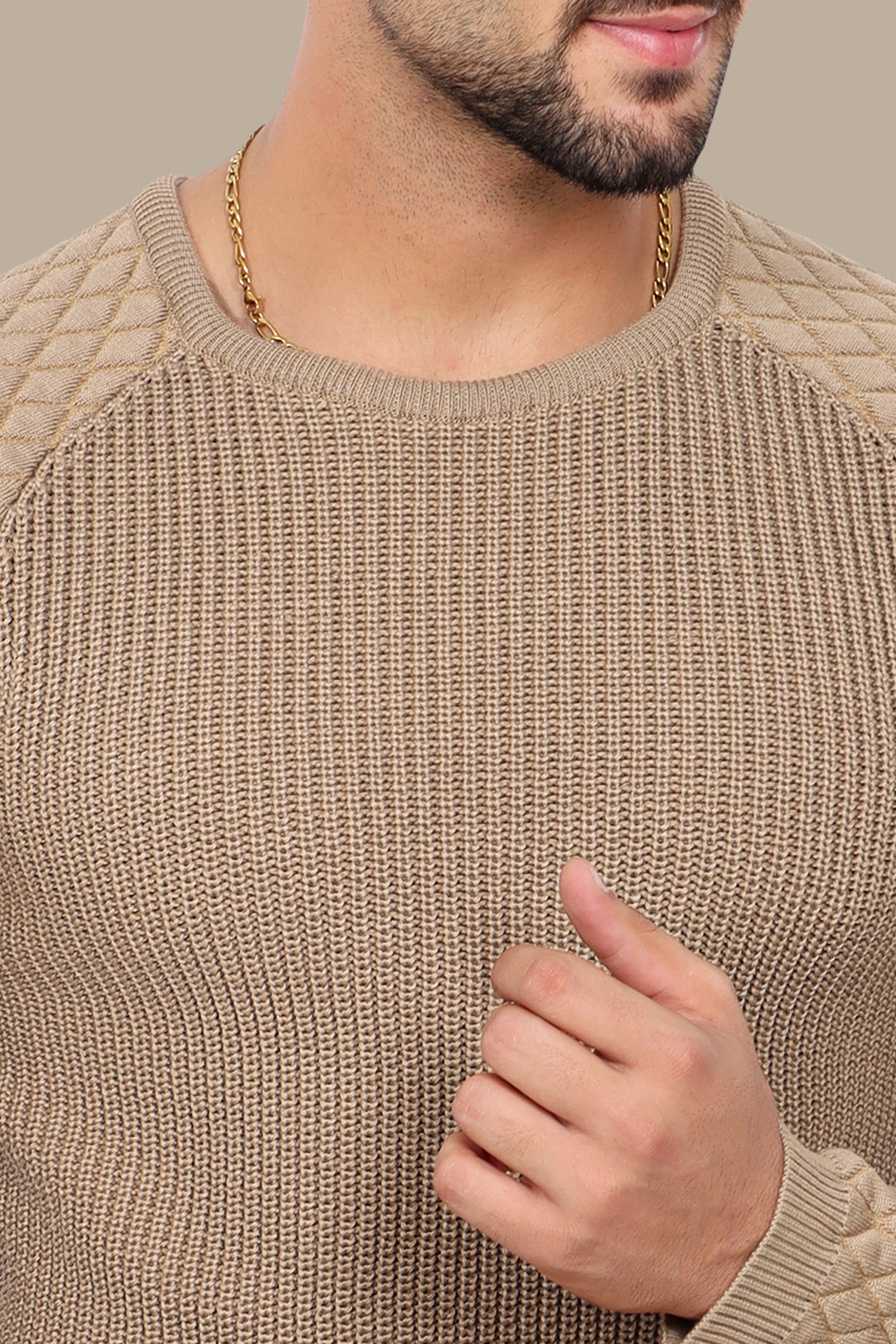 Beige Mercerized Sweater with Lozenge Shoulder Pattern