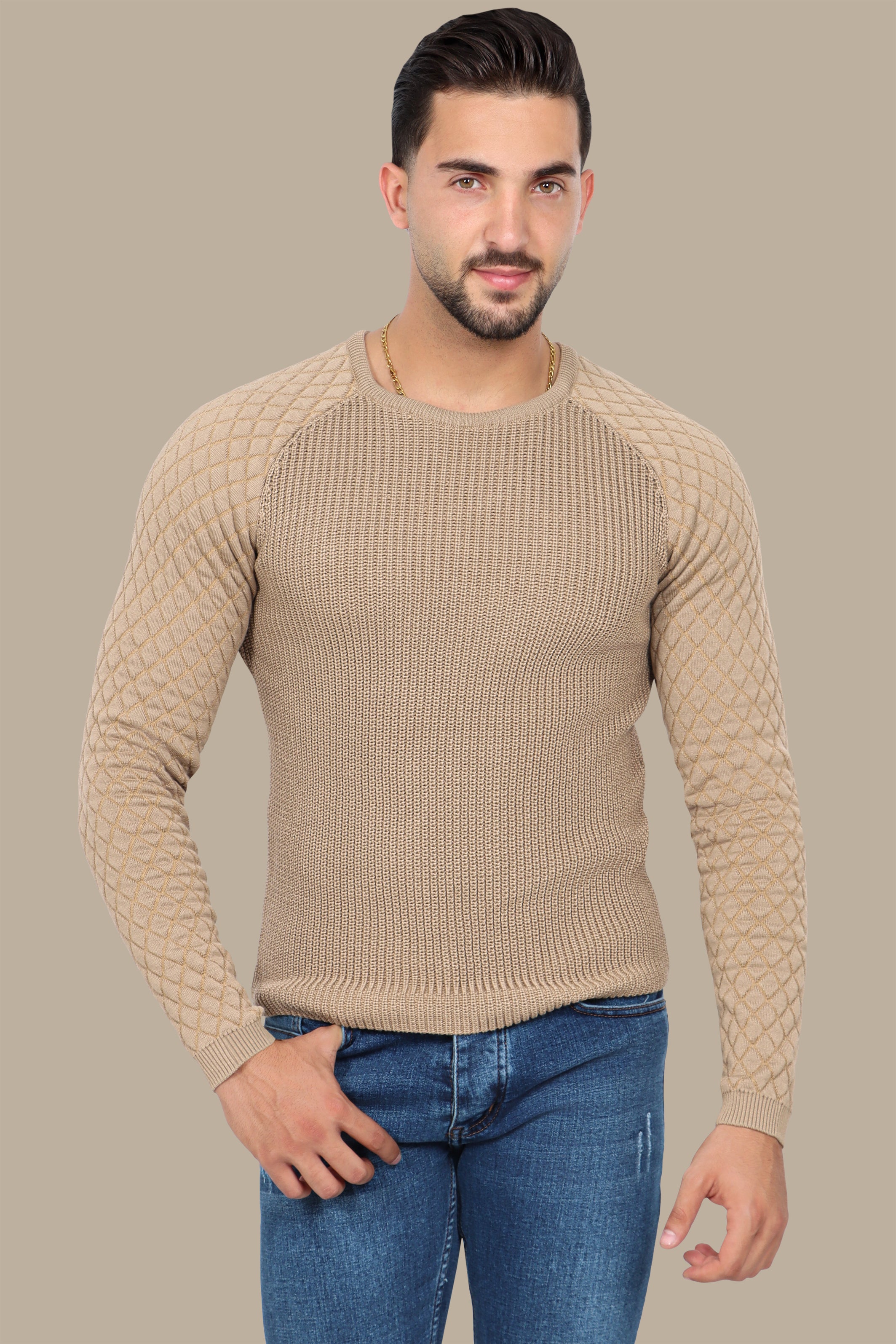 Beige Mercerized Sweater with Lozenge Shoulder Pattern