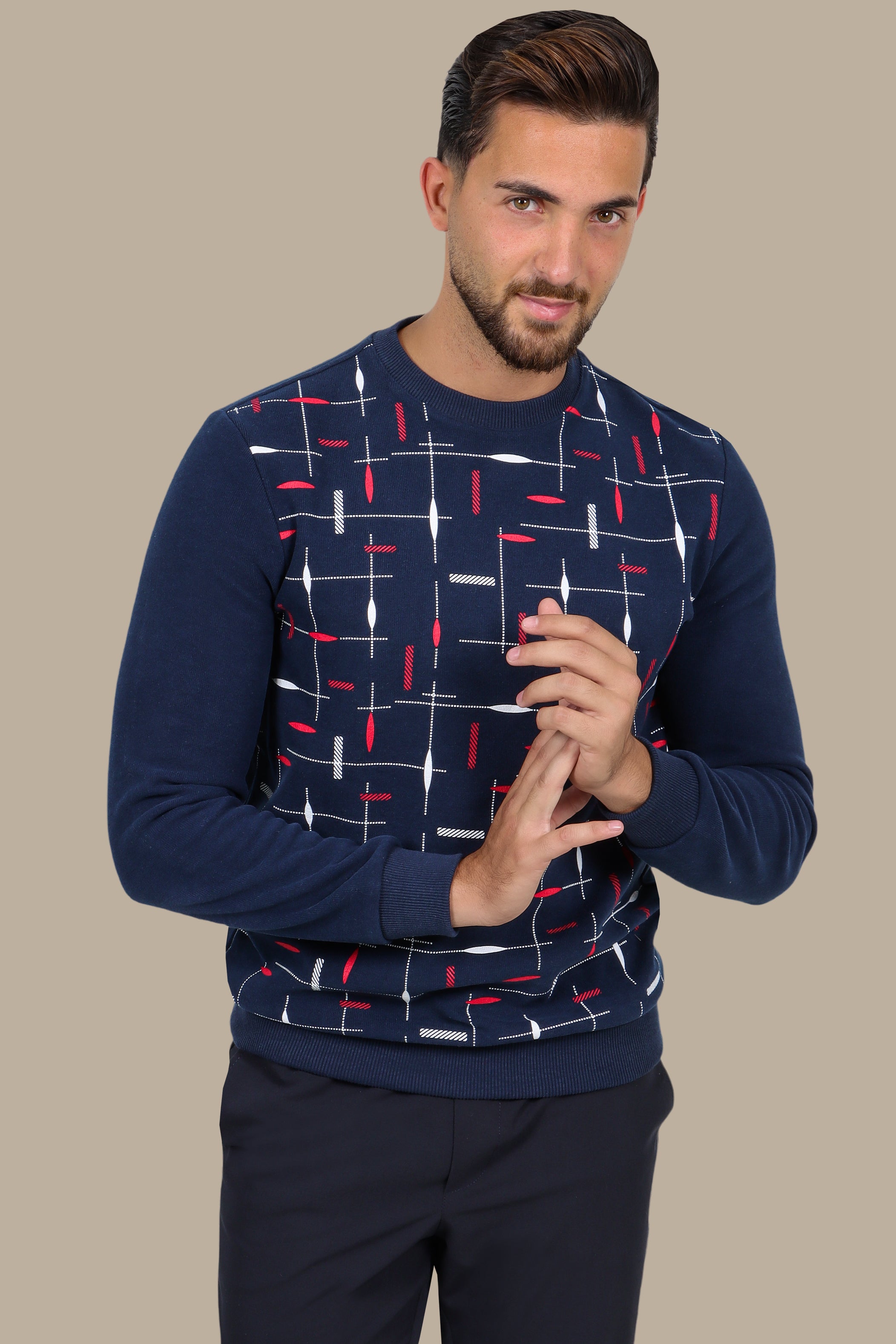 Trendy Appeal: Navy Sweatshirt with Colorful Printed Lines