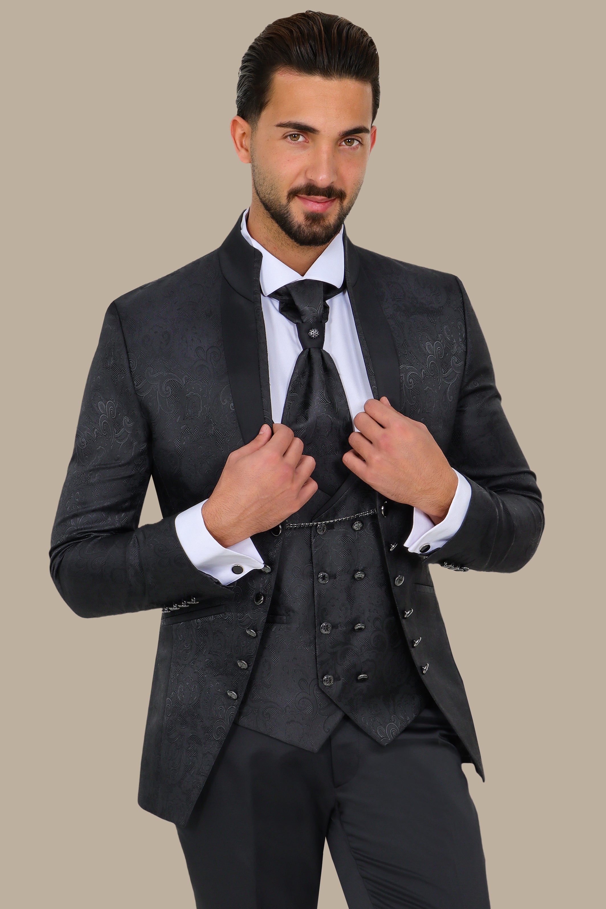 Black Mao Collar Tuxedo 4pcs Cashmere Jacquard Bord à Bord