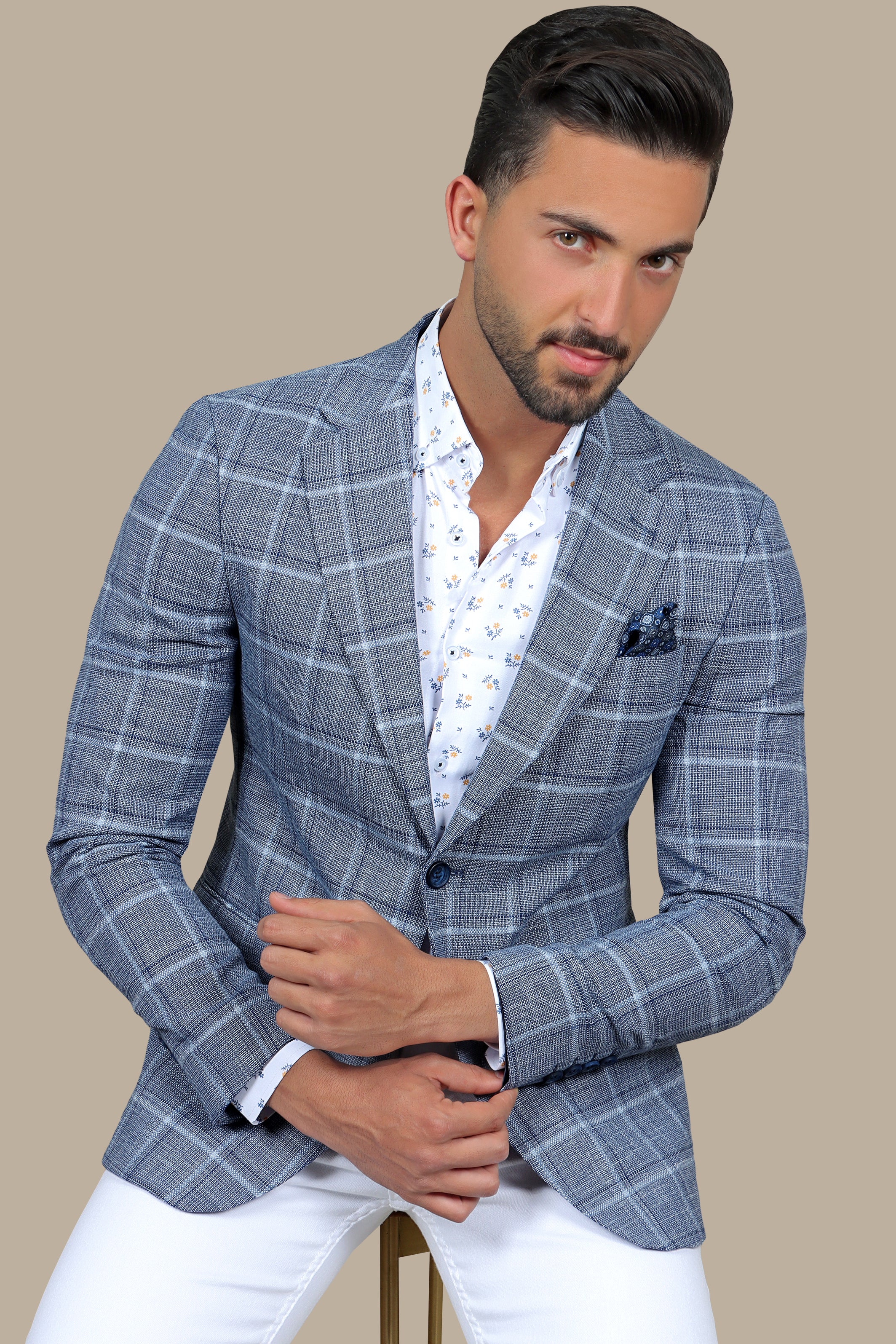 Blue Big Checked Blazer with Notch Lapel