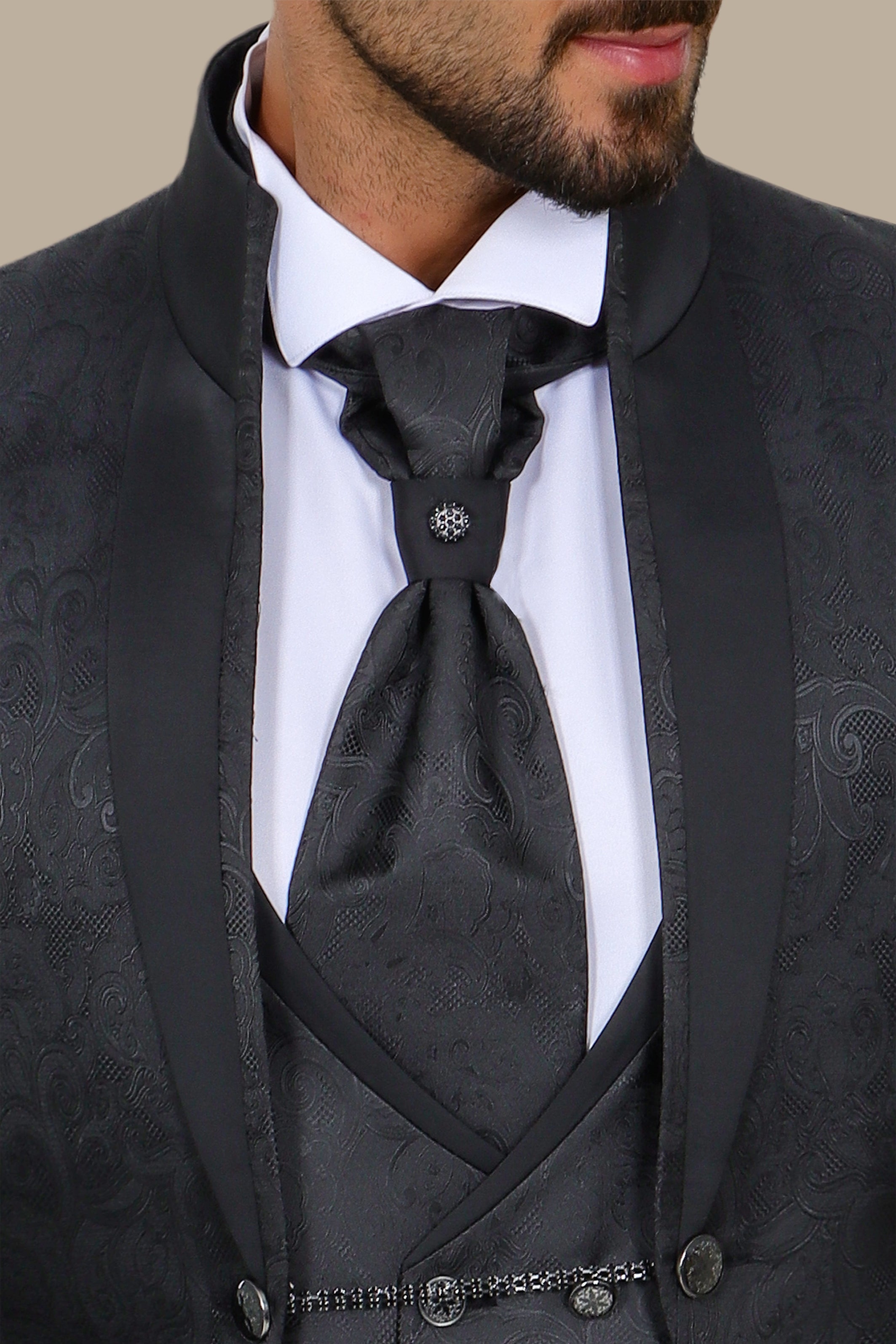 Black Mao Collar Tuxedo 4pcs Cashmere Jacquard Bord à Bord