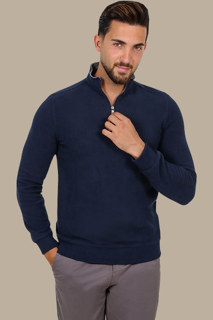 Luxurious Comfort: Navy Velvet Half-Zipper Sweater