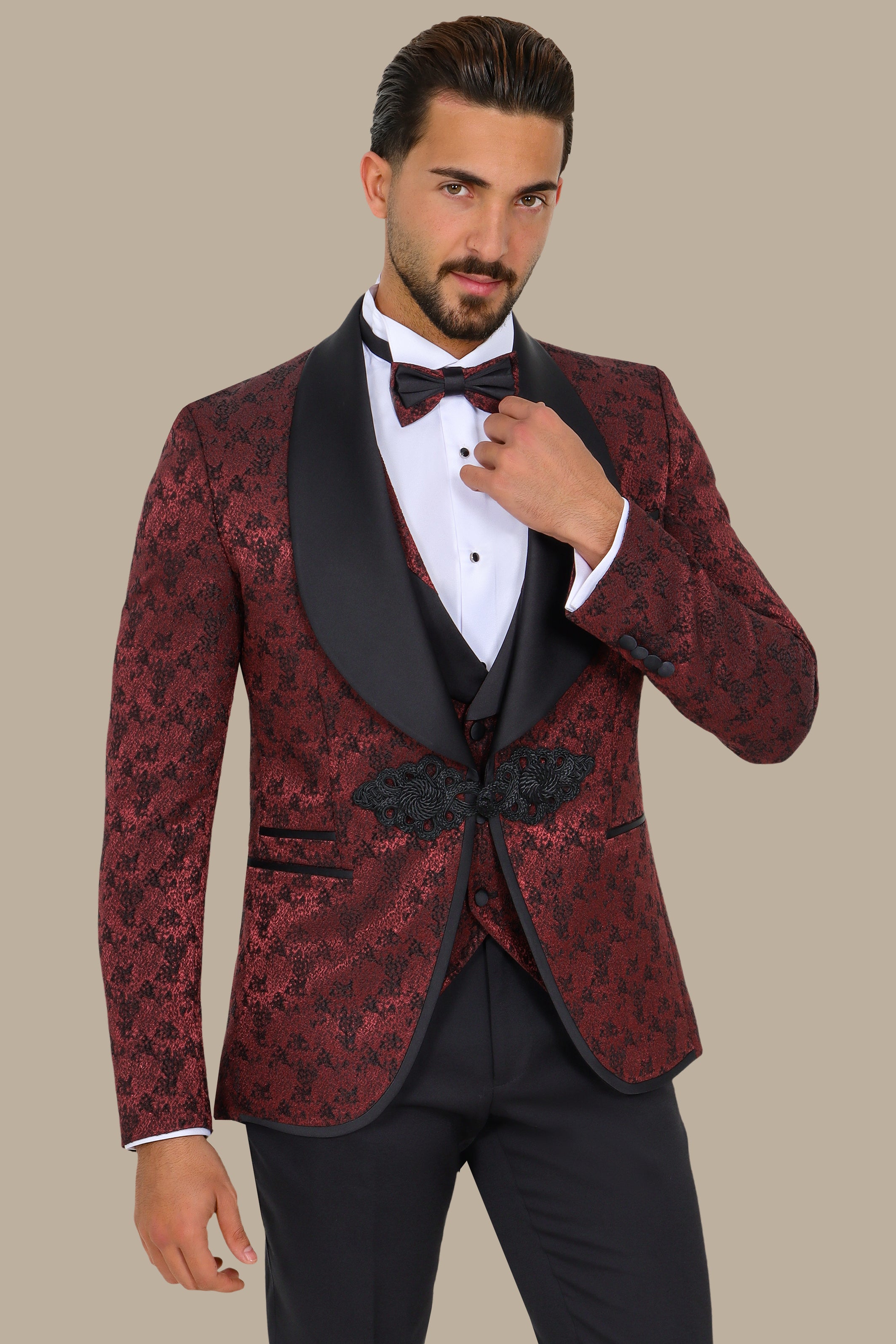 Burgundy Jacquard Tuxedo with Croche Colchale – 4 Piece