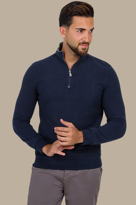 Luxurious Comfort: Navy Velvet Half-Zipper Sweater