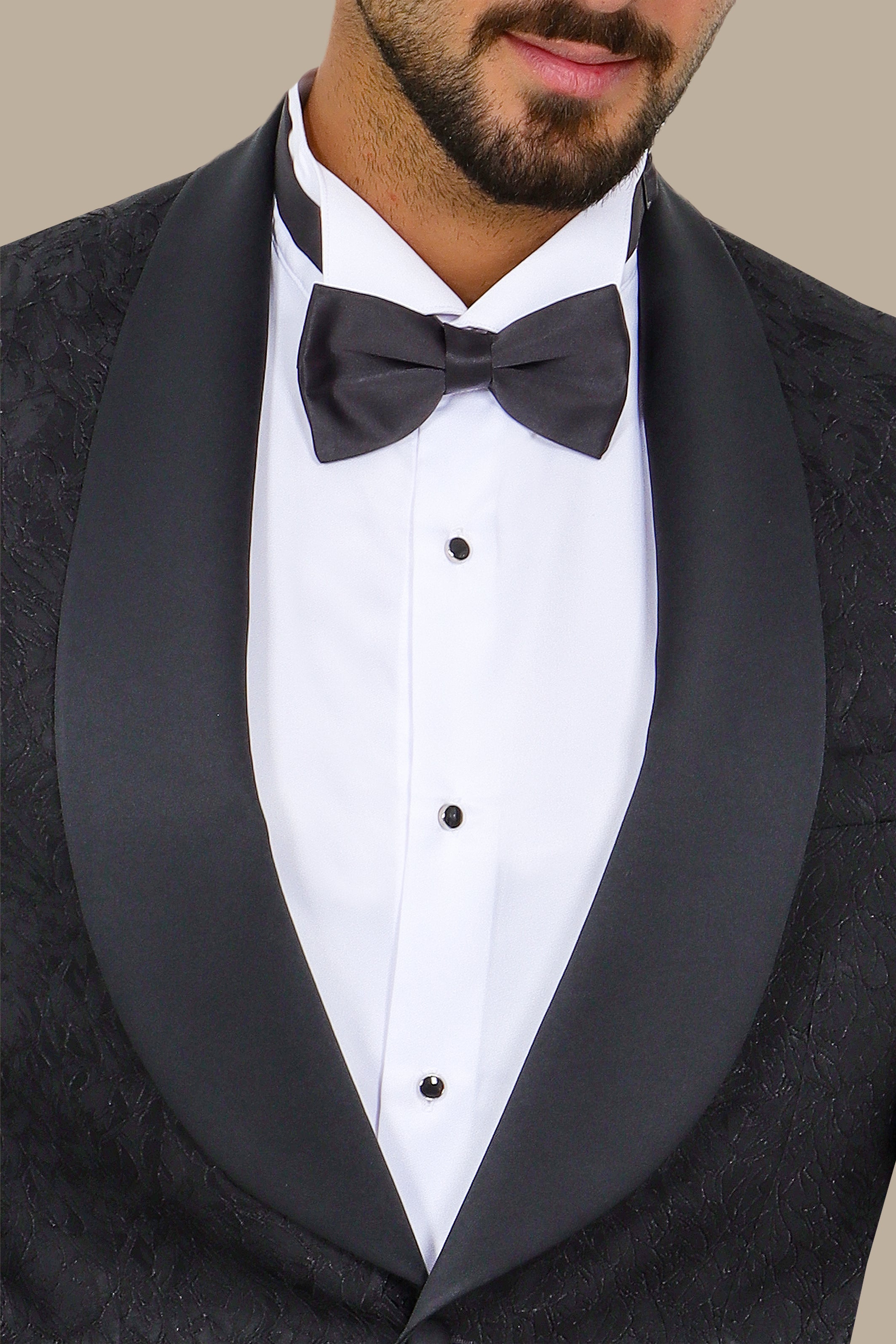 Revolt in Noir: Tuxedo Rebellion - Wide Collar Black Jacquard Leaves