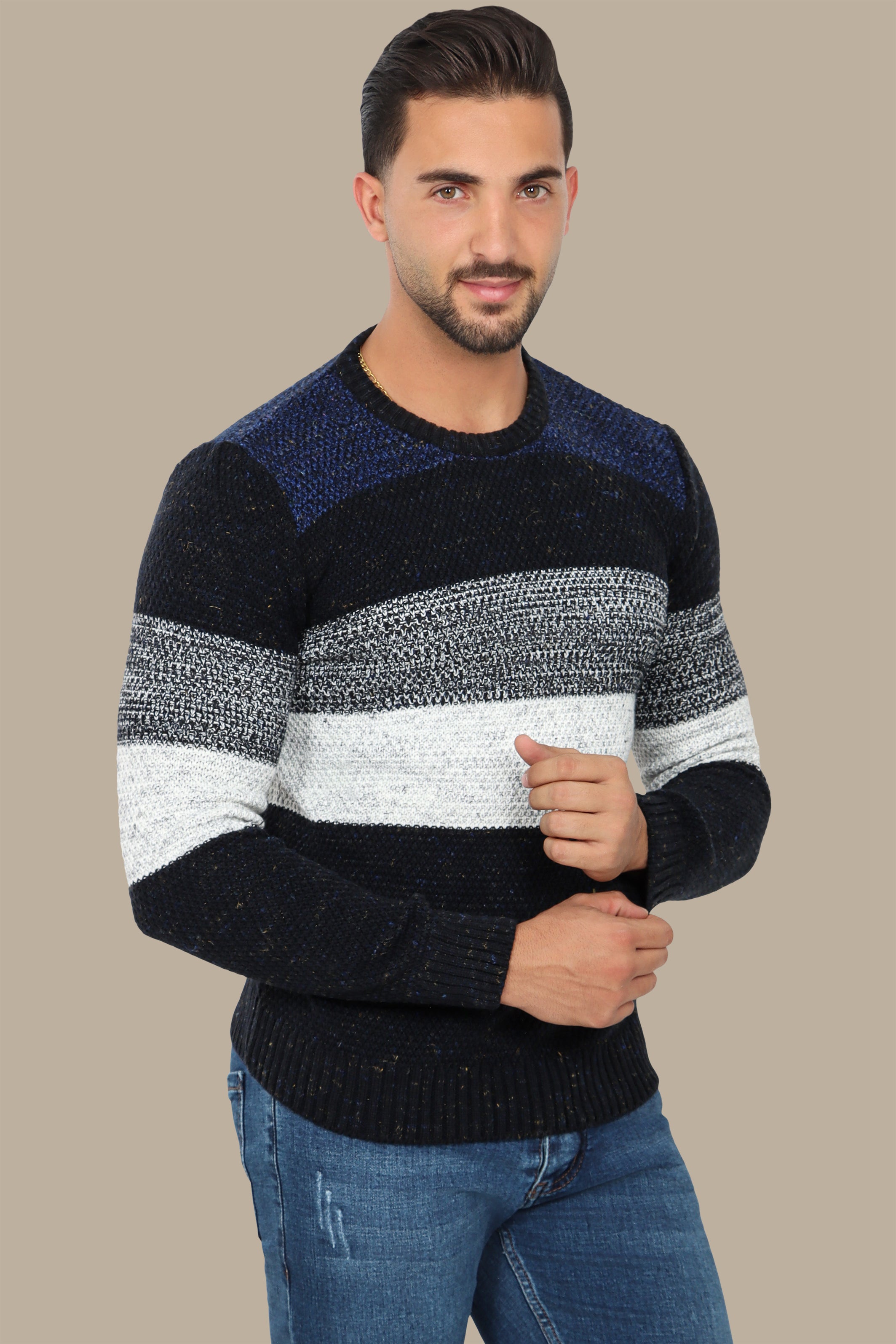 Navy Mercerized Sweater with White Stripes