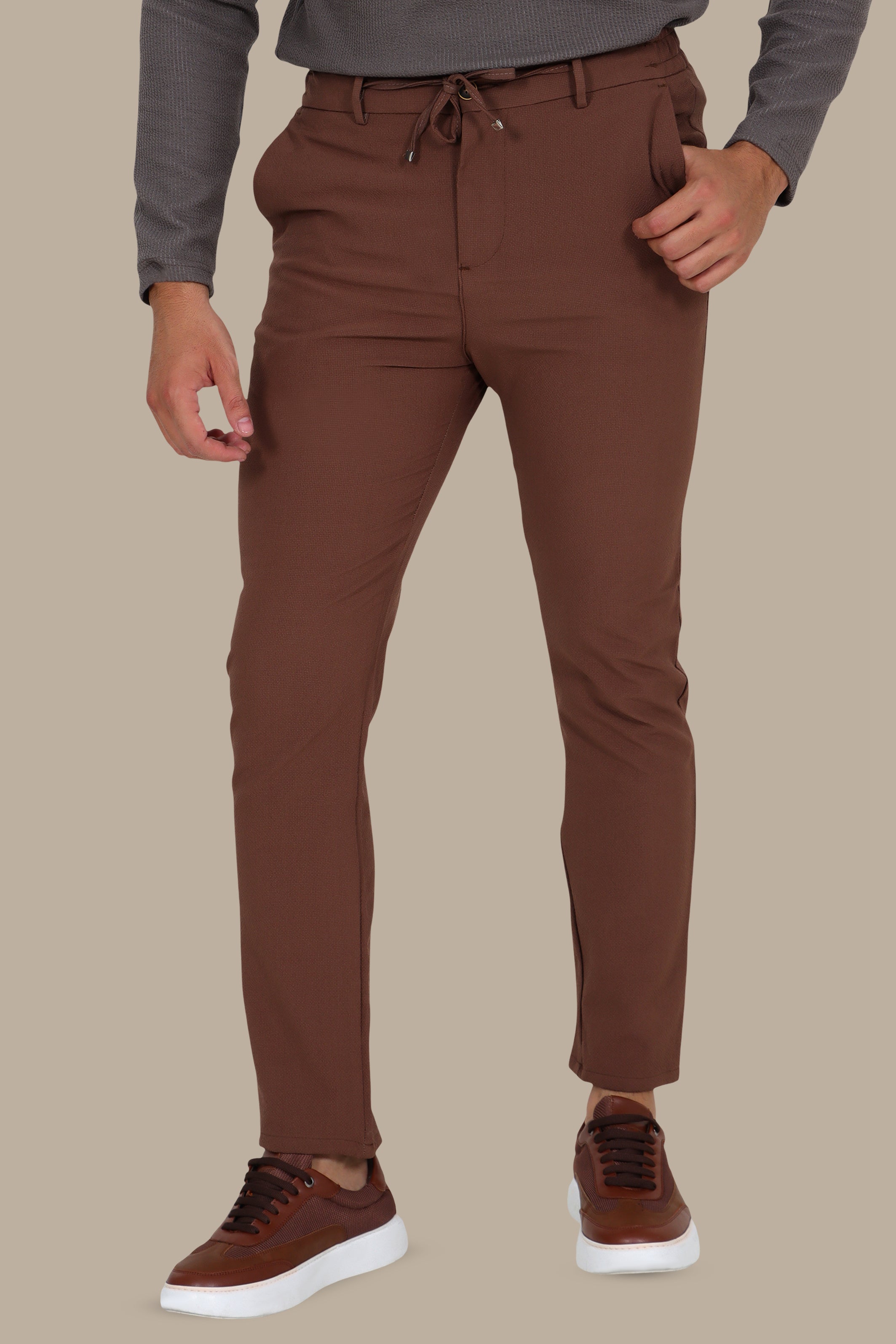 Brown Slim-Fit Trouser with Elastic Waist