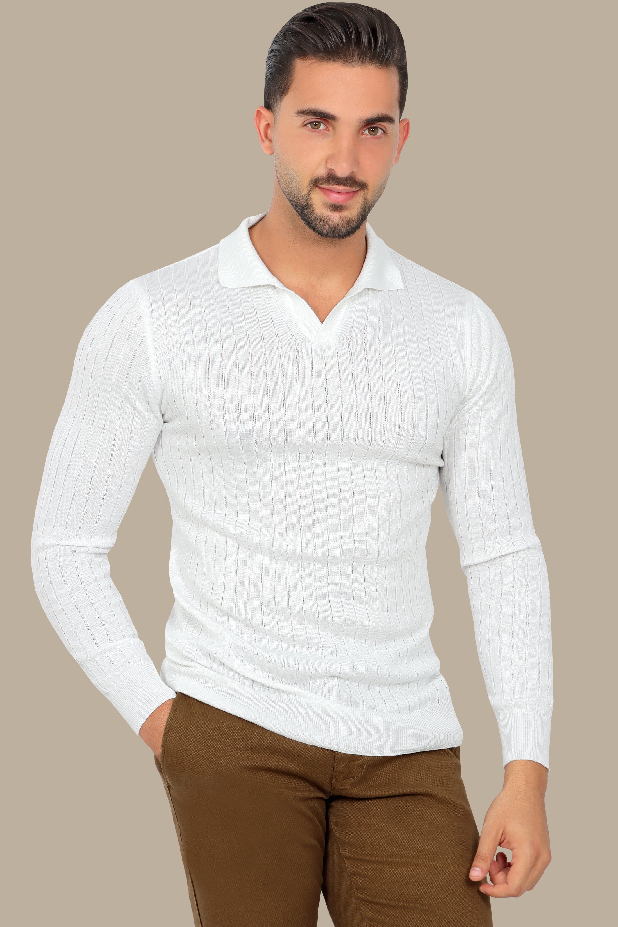 White Basic Polo with Vertical Lines