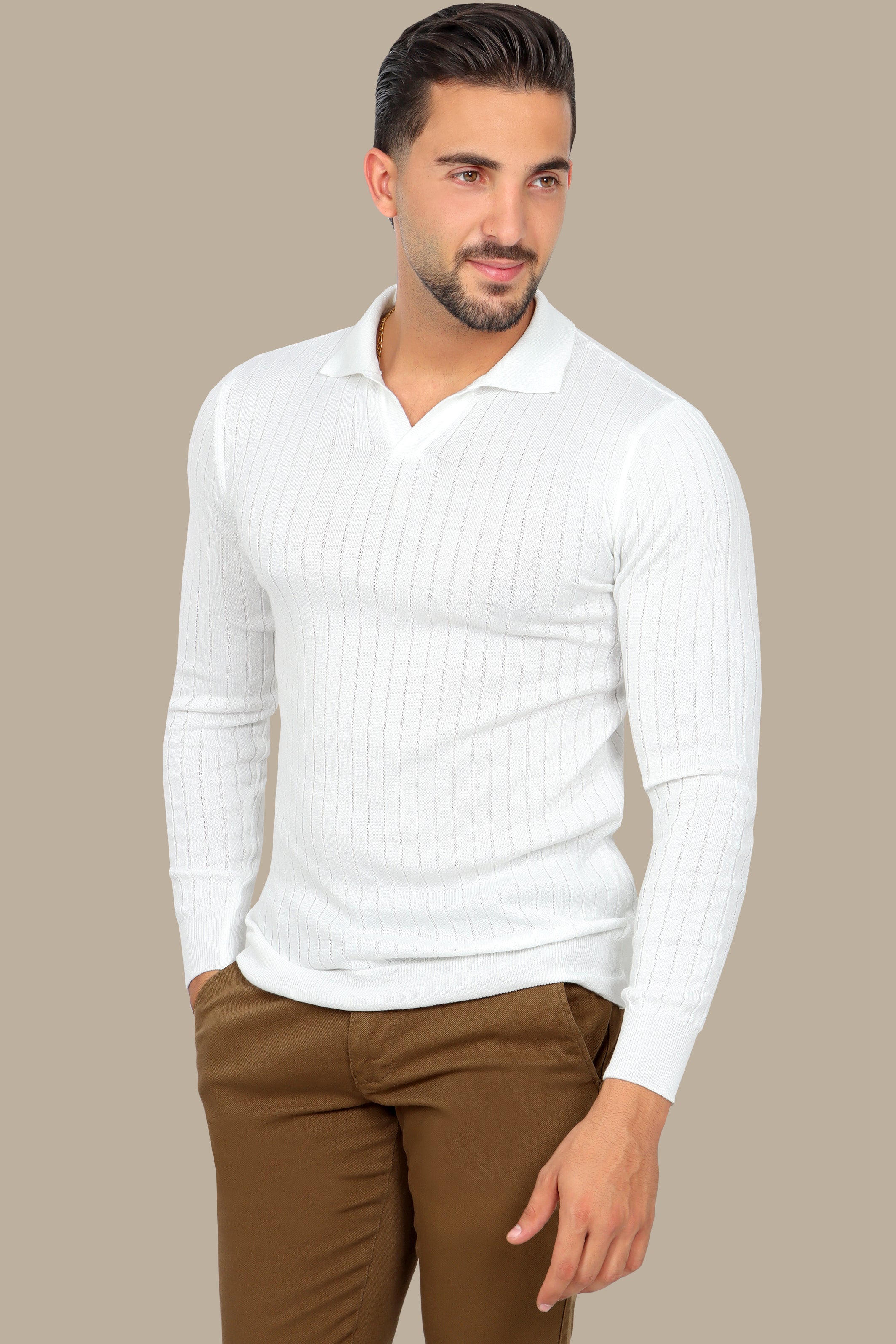 White Basic Polo with Vertical Lines