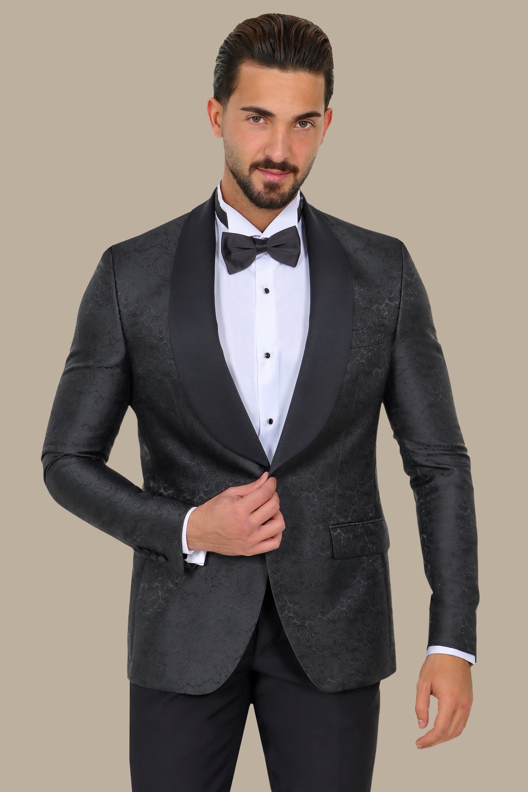 Midnight Paisley Elegance: Tuxedo FV with Wide Shawl Collar in Rich Black