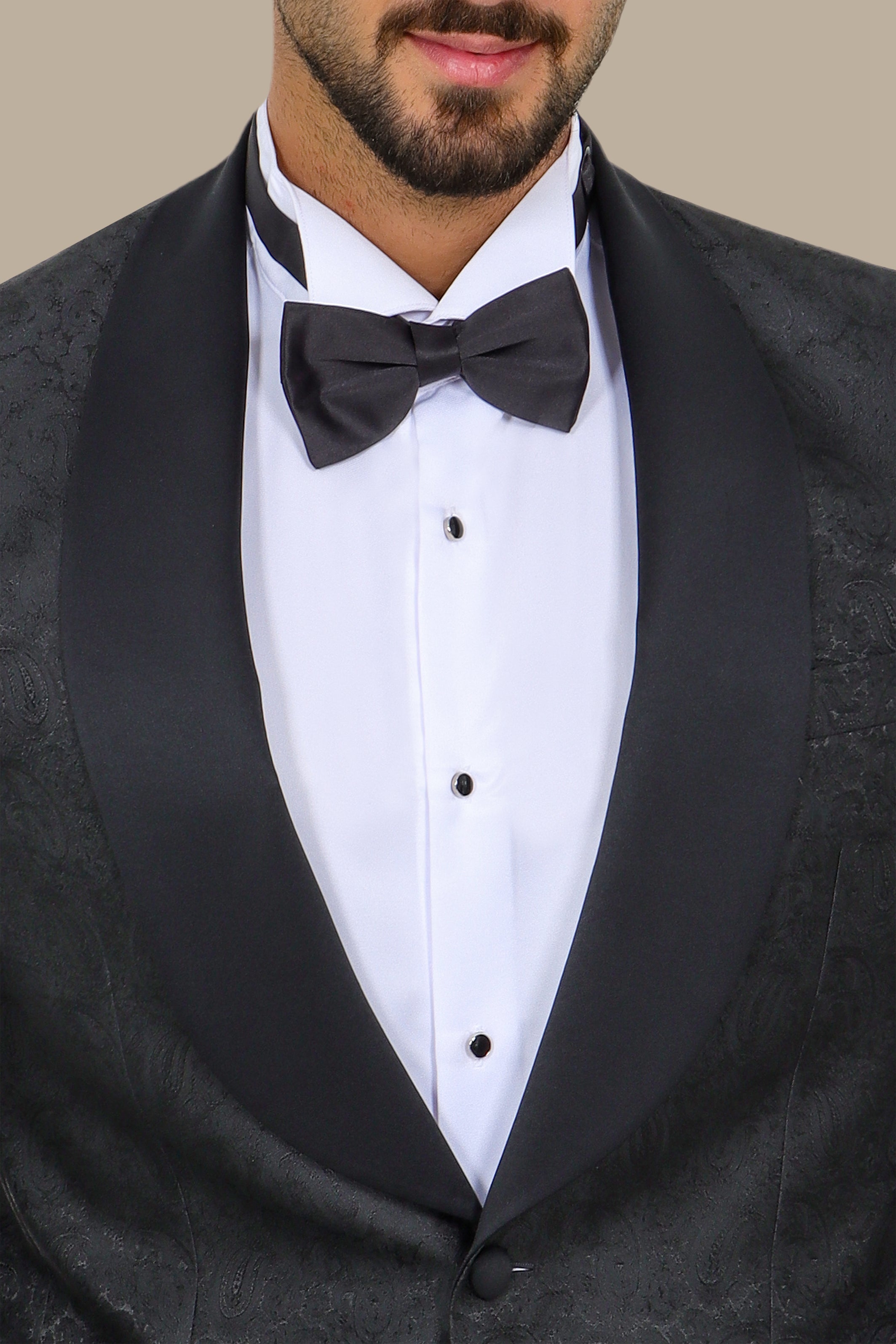 Midnight Paisley Elegance: Tuxedo FV with Wide Shawl Collar in Rich Black