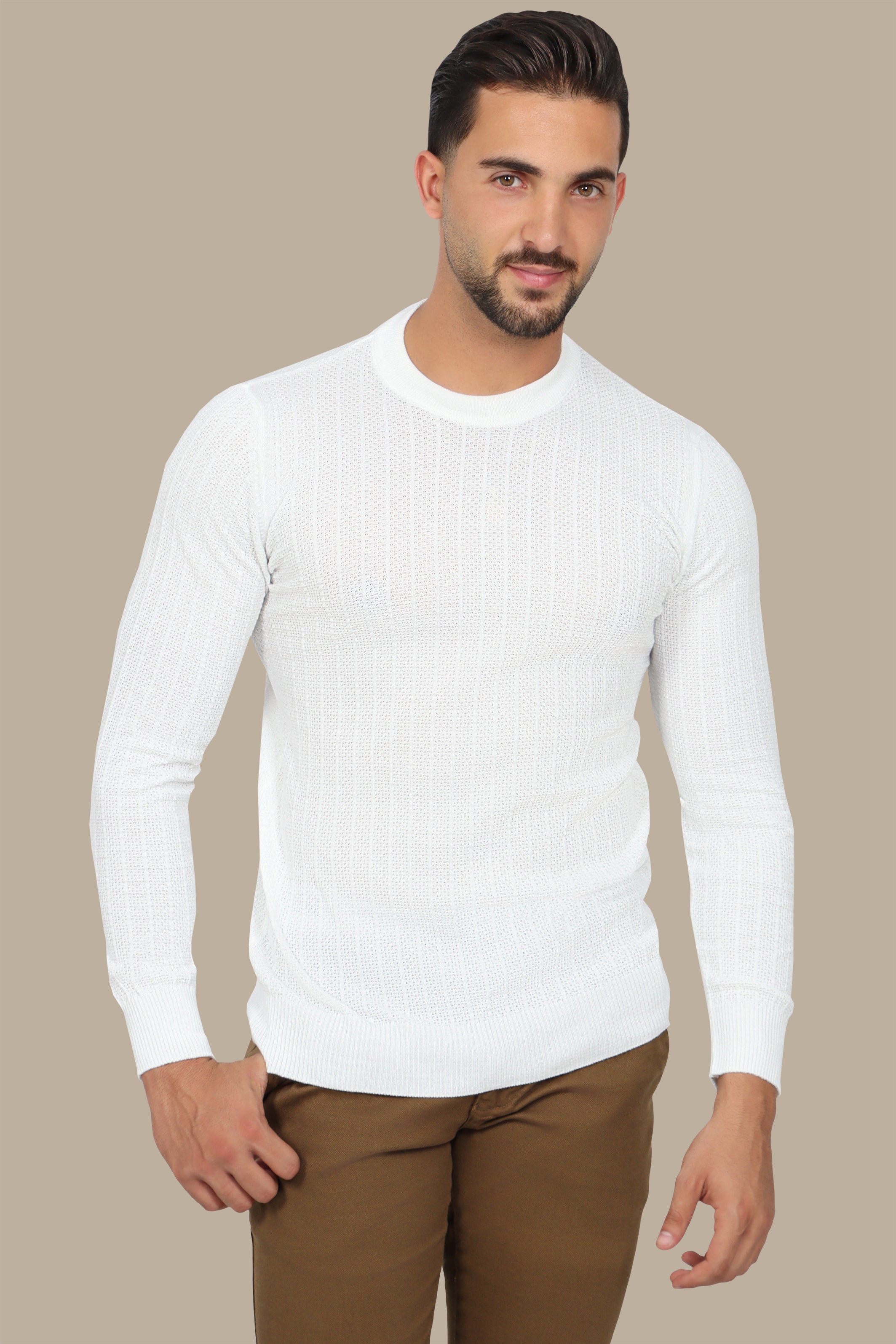 White Structured Stripe Round Neck Sweater