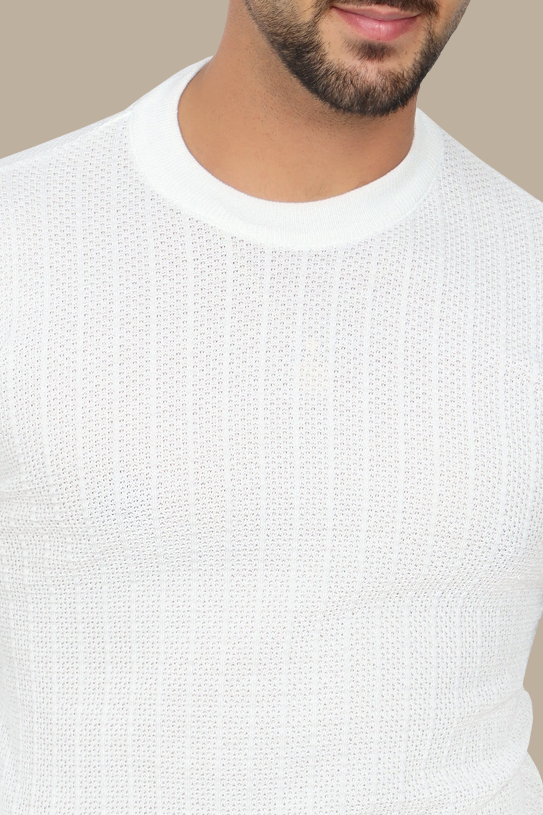 White Structured Stripe Round Neck Sweater