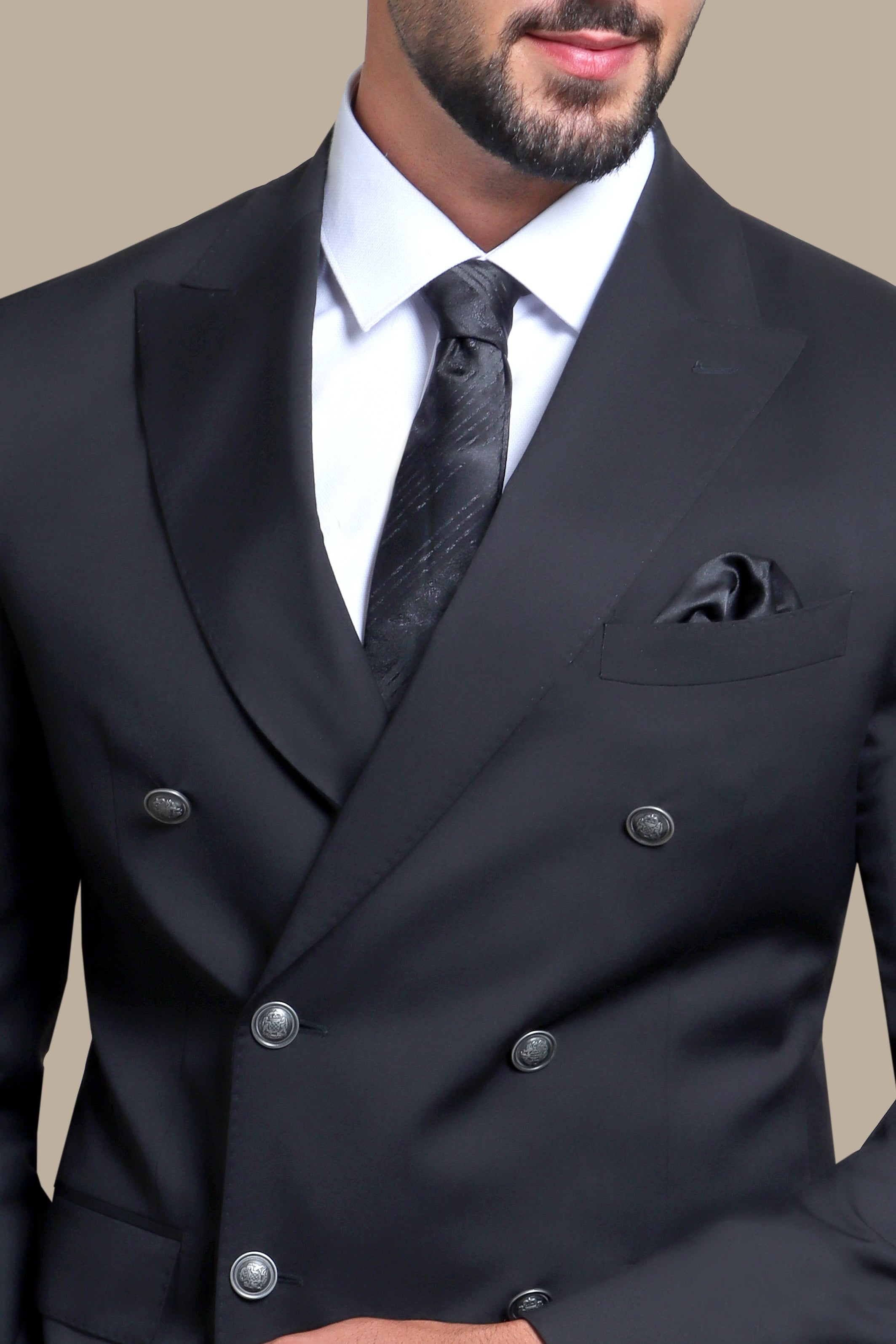 Black Double-Breasted Suit with Metal Buttons – 3-Piece Set