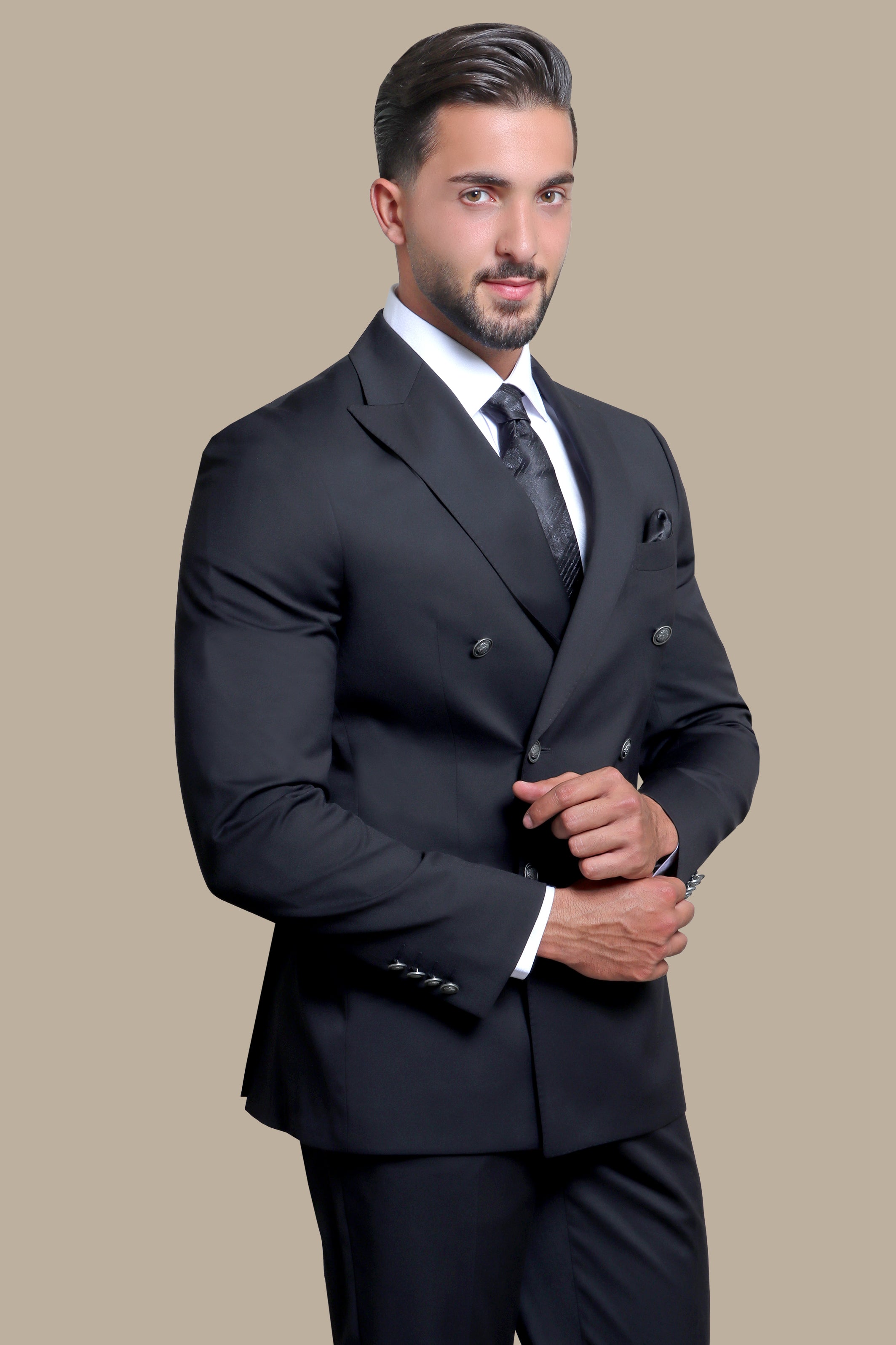 Black Double-Breasted Suit with Metal Buttons – 3-Piece Set