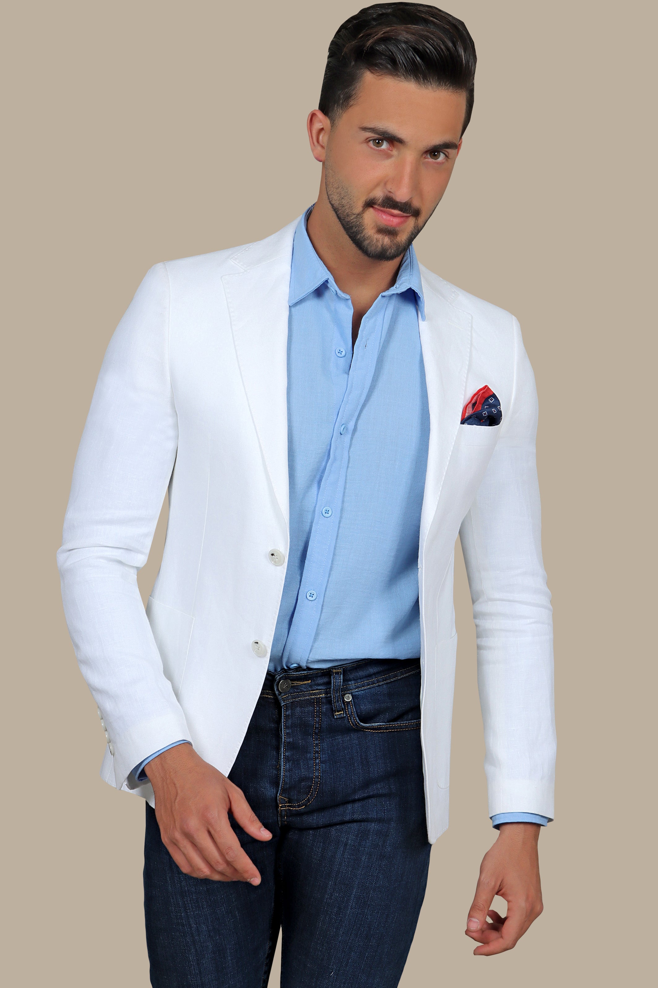 White Linen Blazer with Basic Patch Pockets