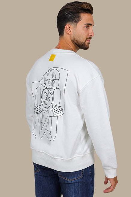 Whimsical Canvas: White Sweatshirt with Back Printed Faces