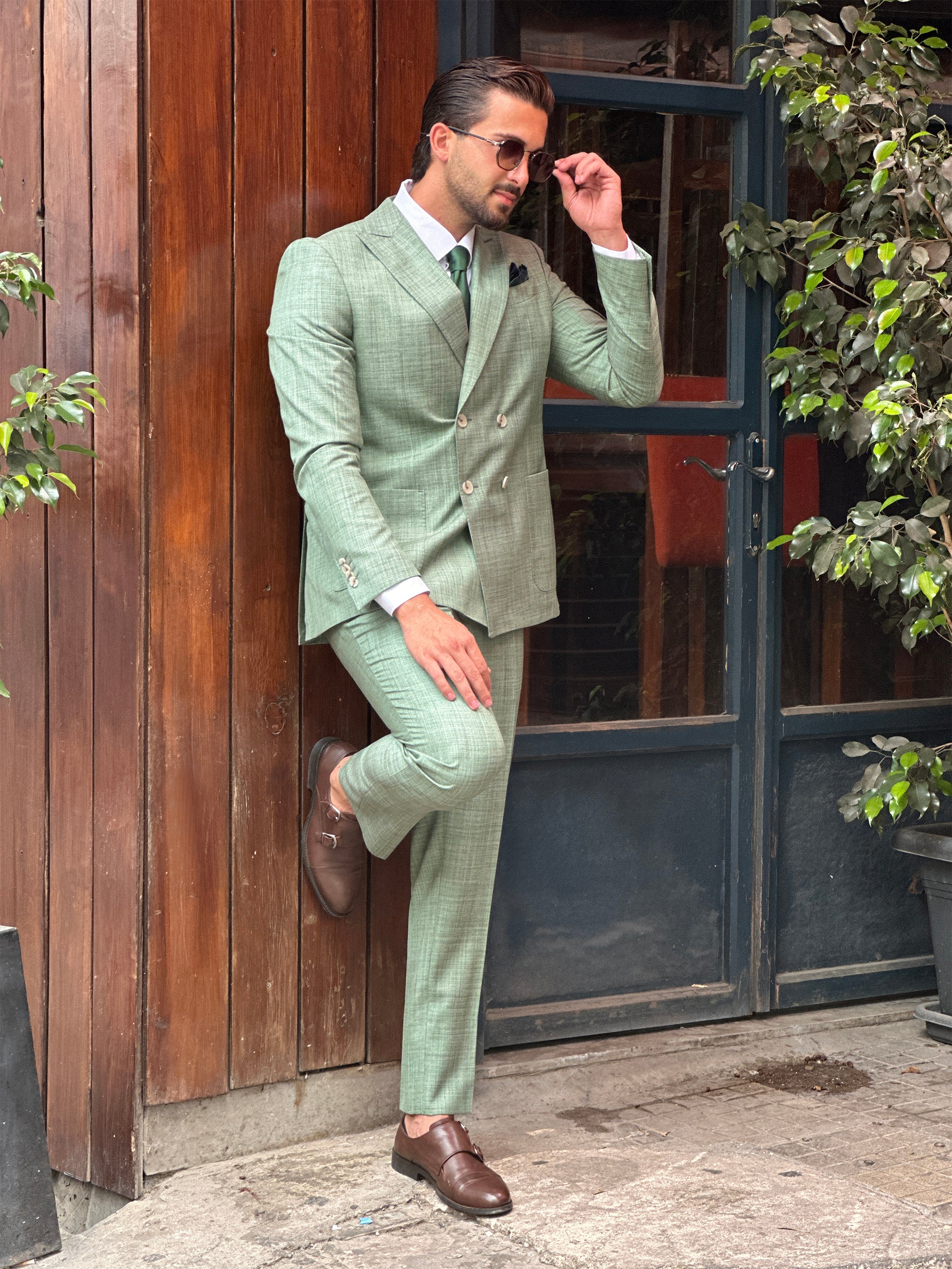 Green Filafil Classic: Double-Breasted Suit with Patch Pockets