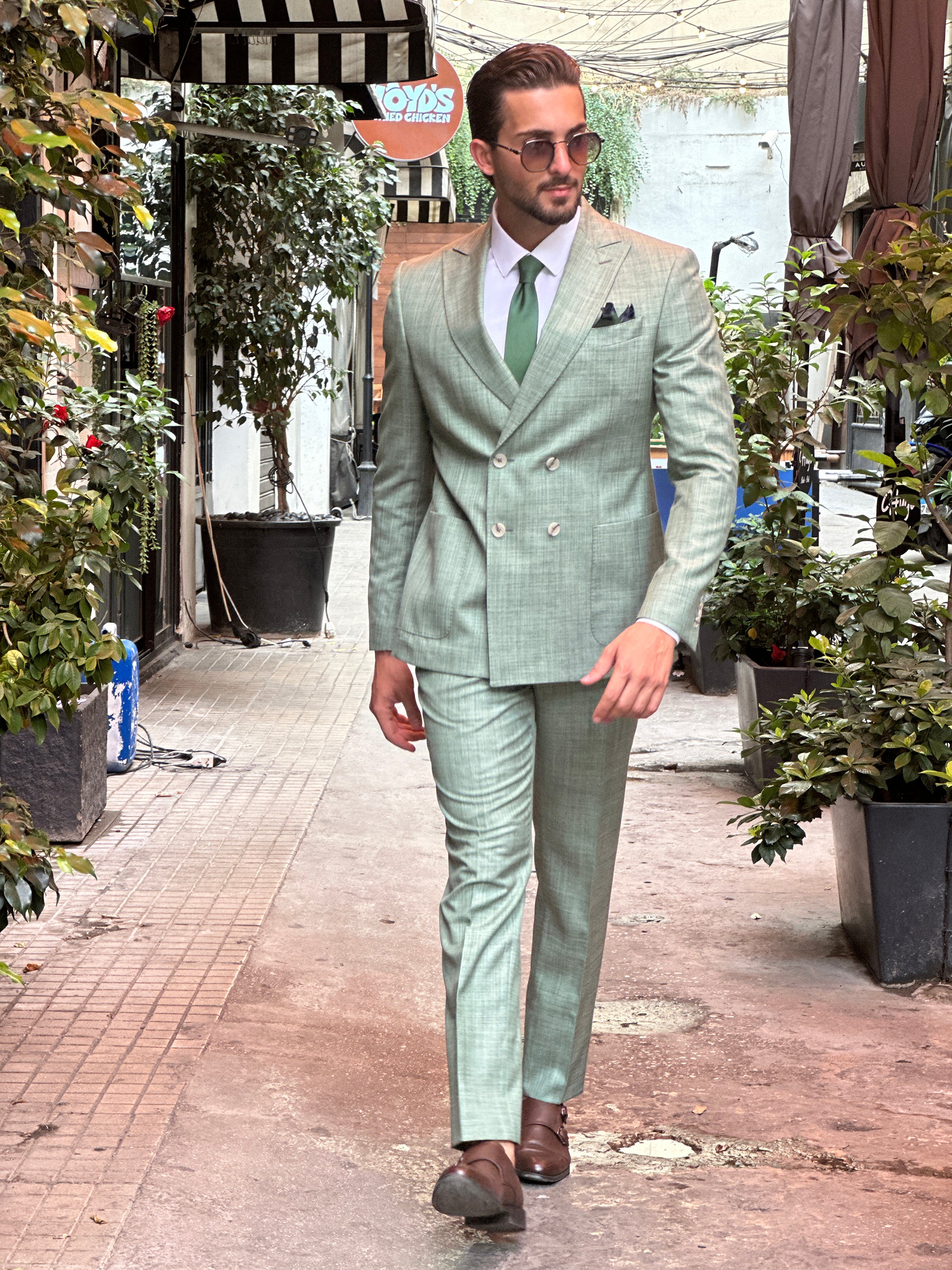 Green Filafil Classic: Double-Breasted Suit with Patch Pockets