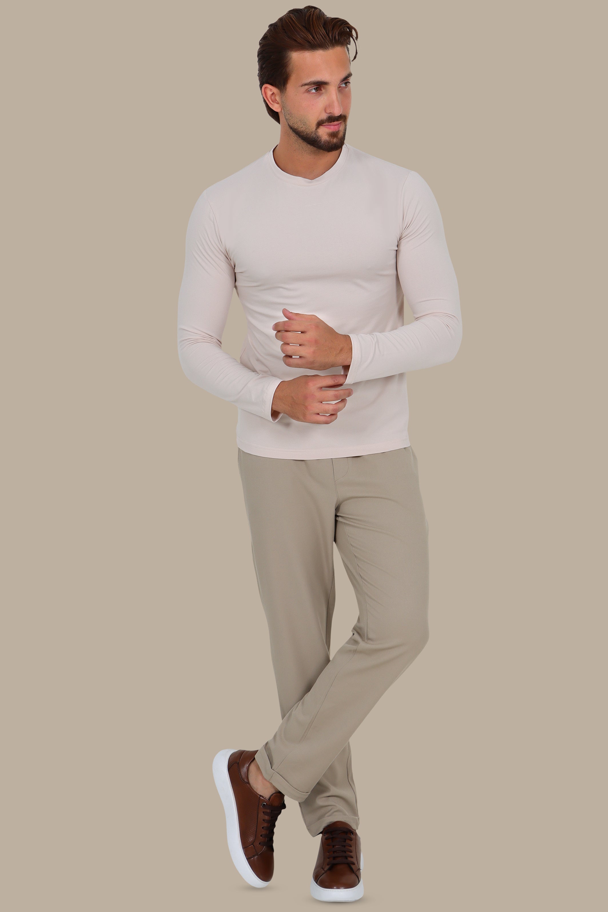 Light Beige Basic Long Sleeve Top