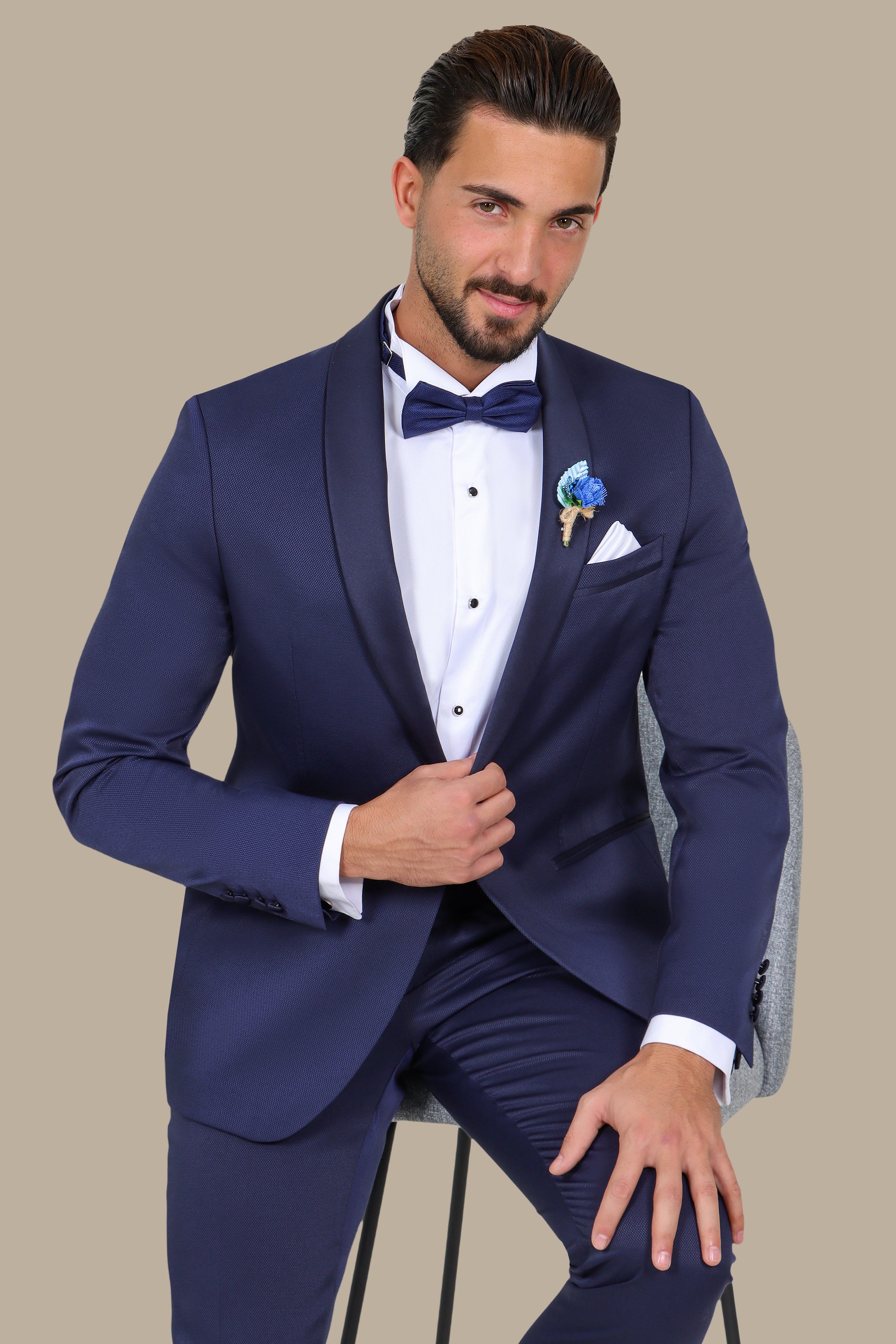 Refined Charm: The Navy Piqué Tuxedo with Shawl Collar