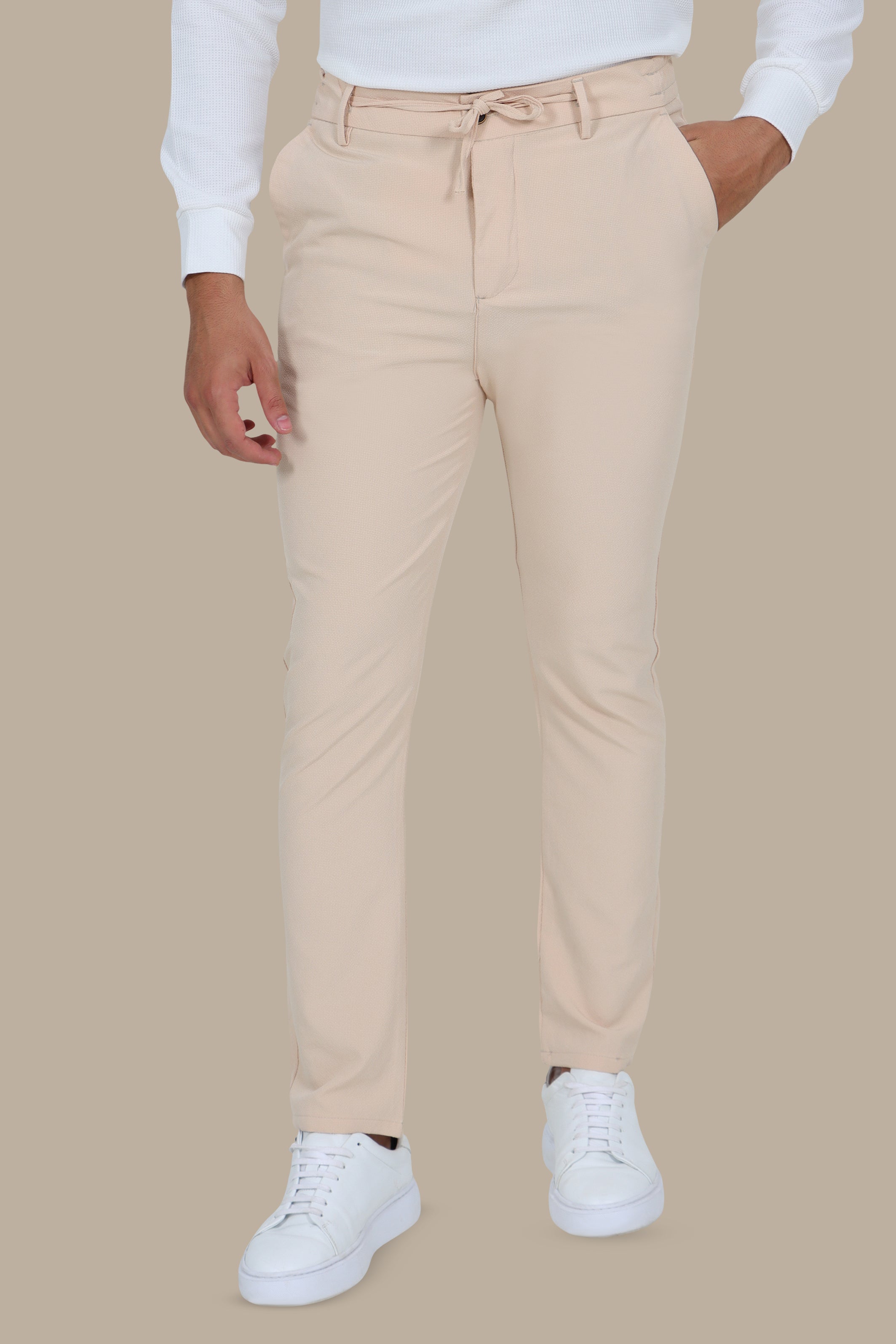 Effortless Style: Elastic Waist Slim Fit Trousers in Beige