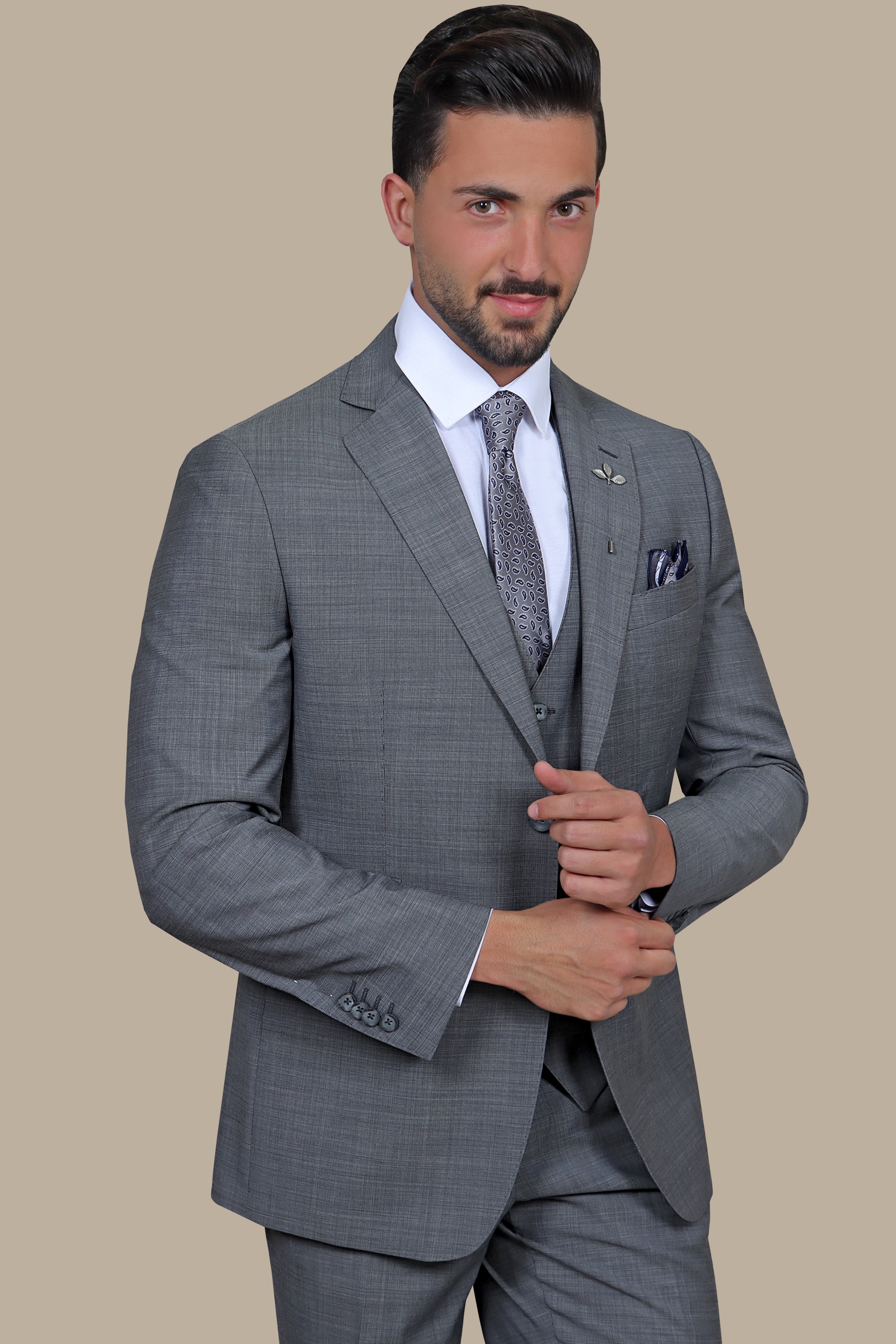 Timeless Charisma: Grey Wool Notch Filafil 3-Piece Suit