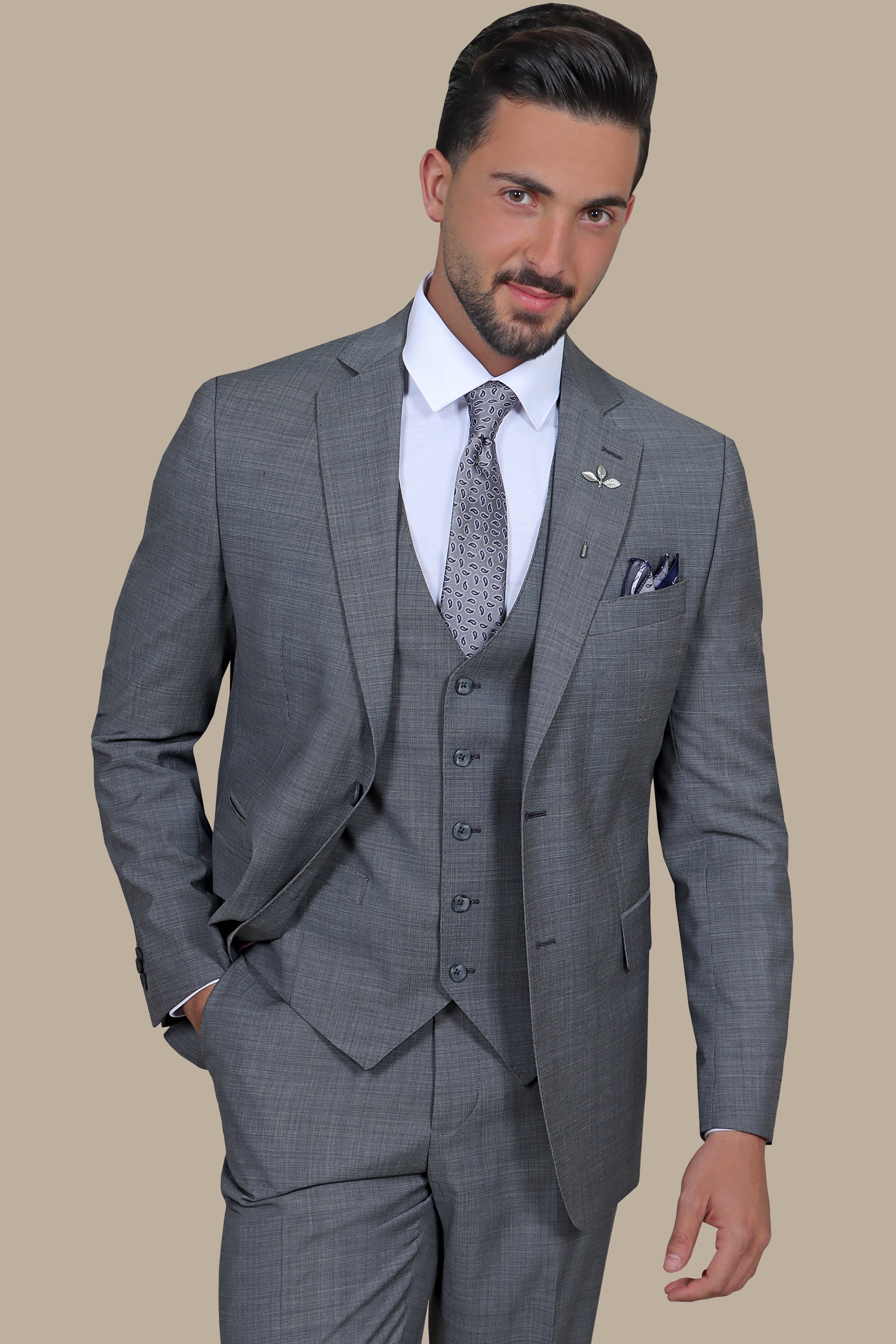 Timeless Charisma: Grey Wool Notch Filafil 3-Piece Suit