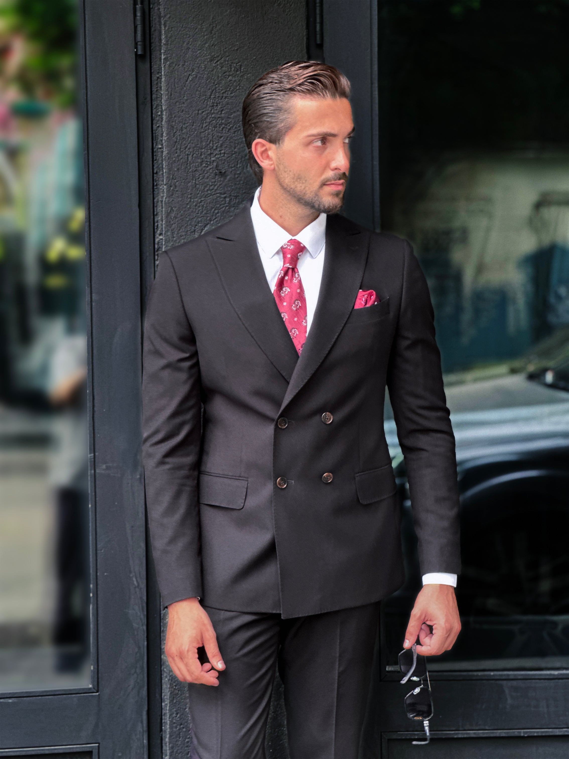 Black Piquet Double-Breasted Suit with Peak Lapel