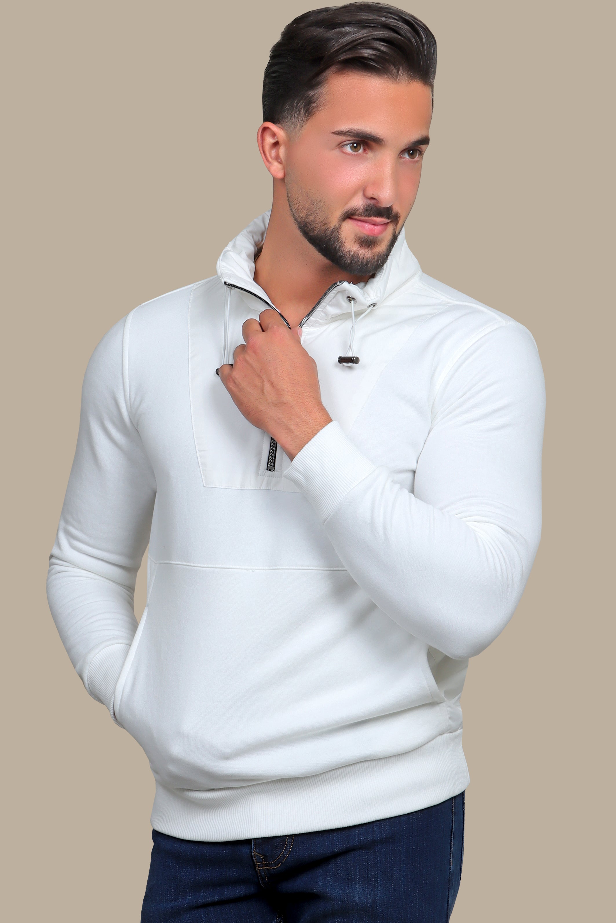 Modern Edge: White Half-Zipper Sweatshirt with Mixed Fabric