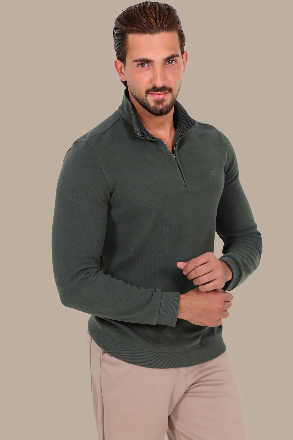Half Zipper Velvet Sweater in Khaki