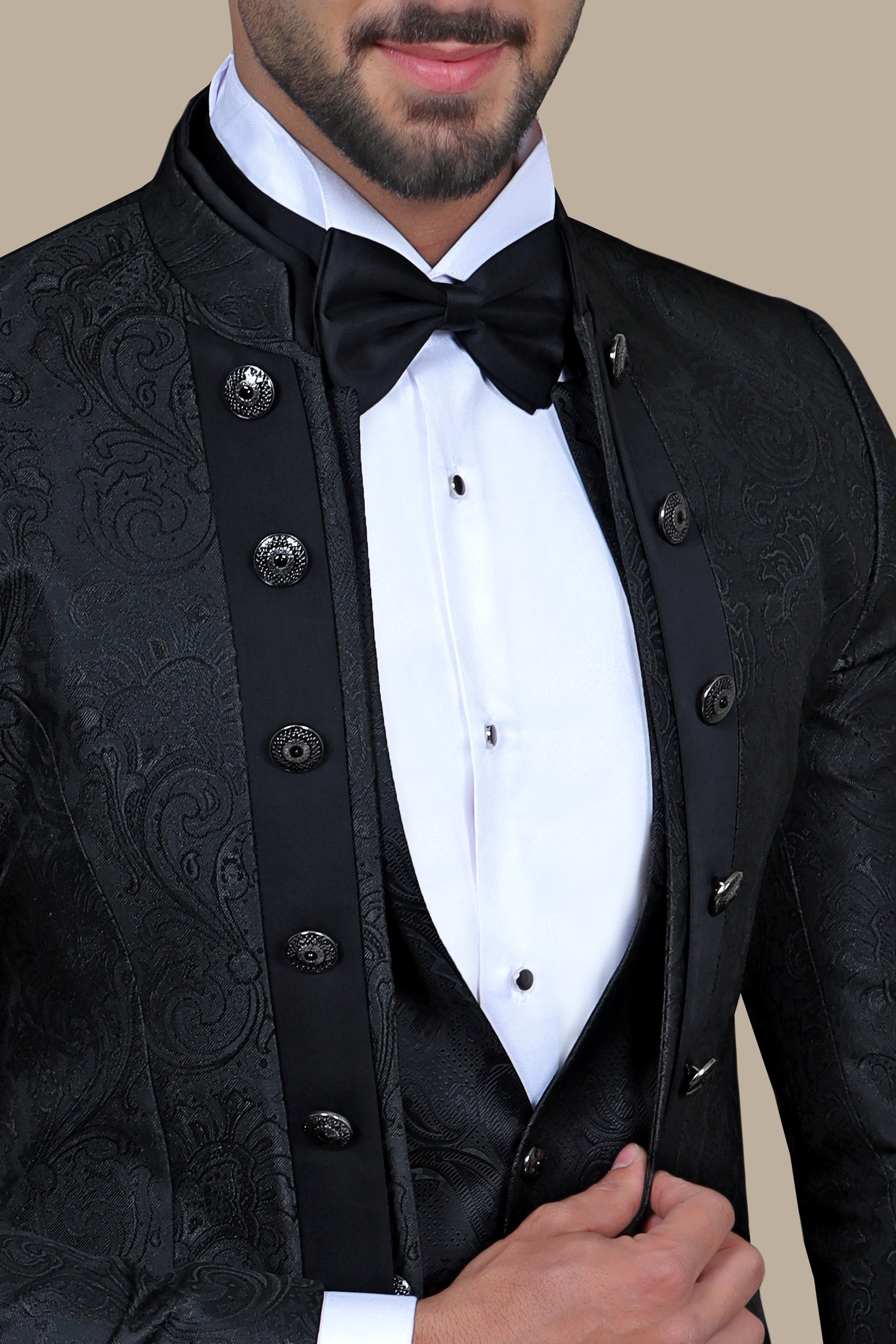 Black Cashmere Patterned 4-Piece Collar Tuxedo Ensemble