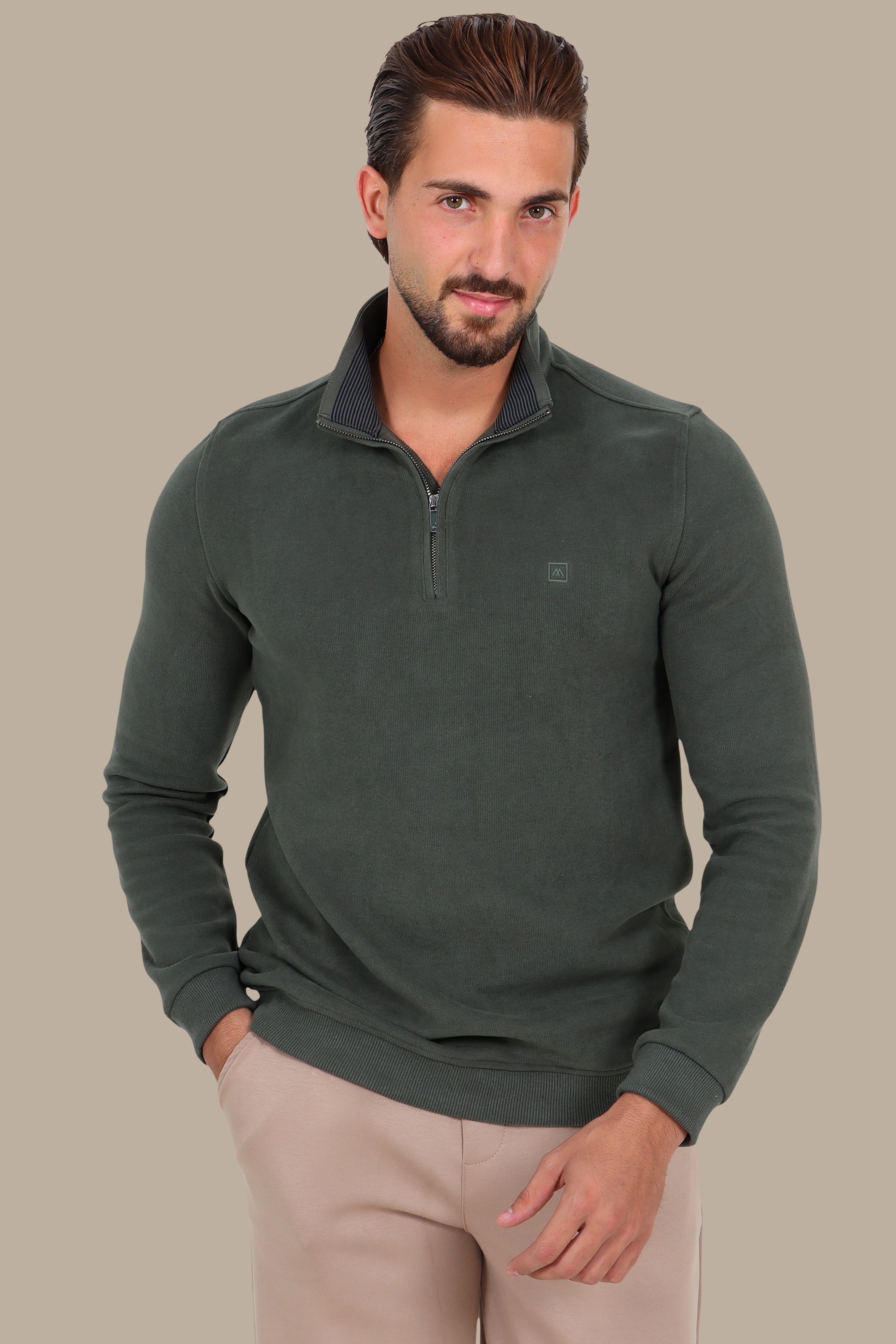 Half Zipper Velvet Sweater in Khaki