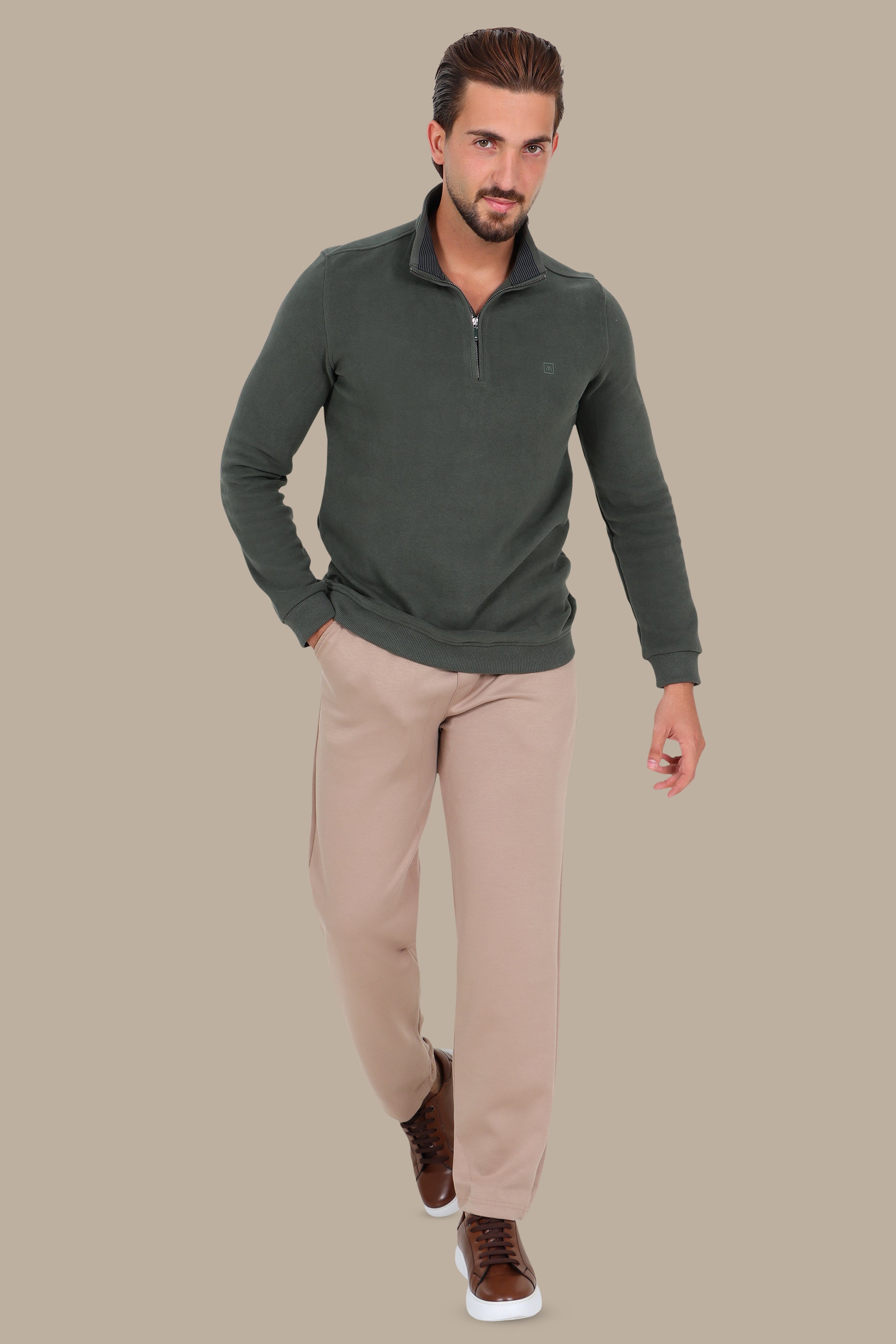 Half Zipper Velvet Sweater in Khaki